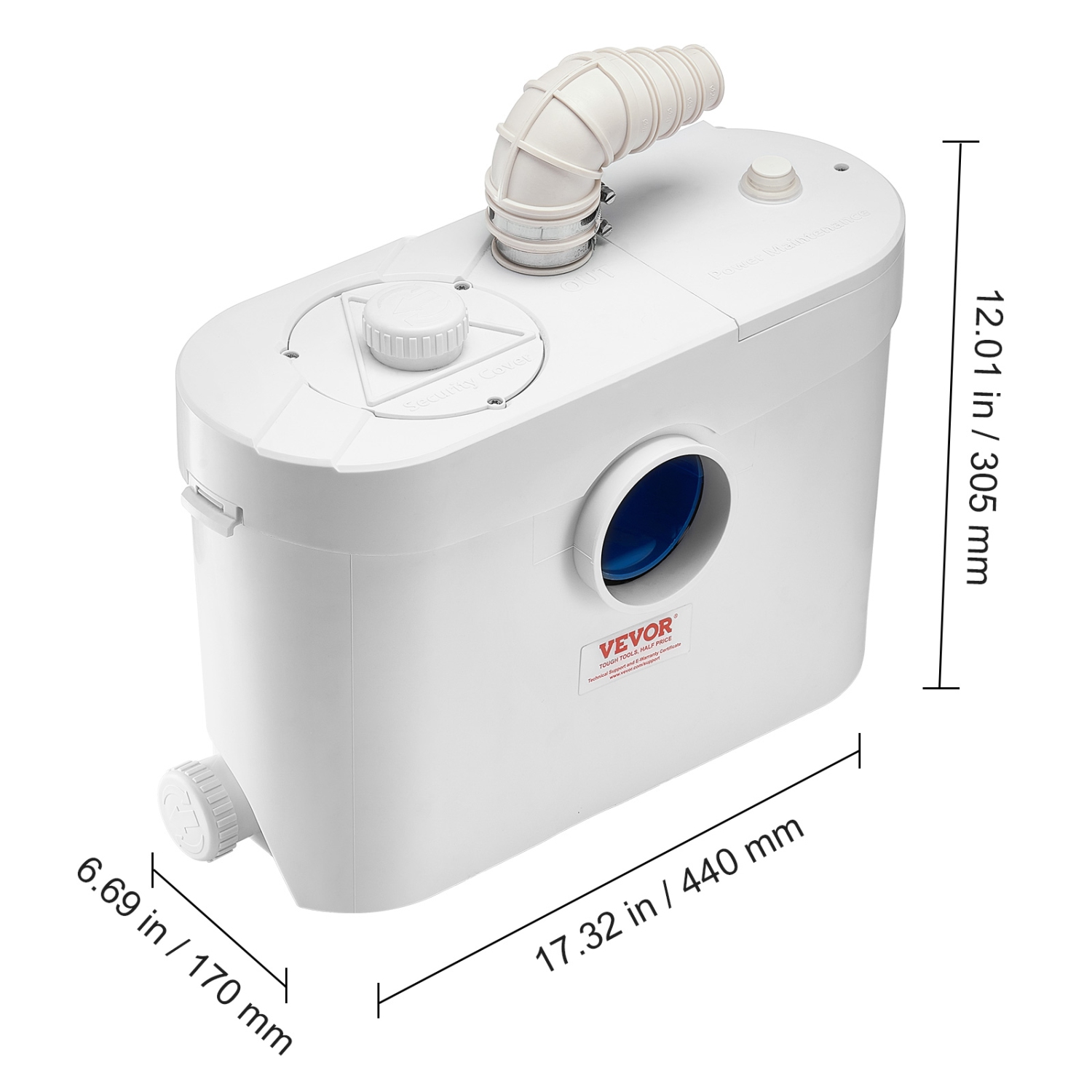 VEVOR 900W Macerator Pump, 48 GPM Flow, 40 ft/12 m Head, Macerator Sewerage Toilet Pump with 4 Water Inlets, Waste Water Disposal Upflush Machine for