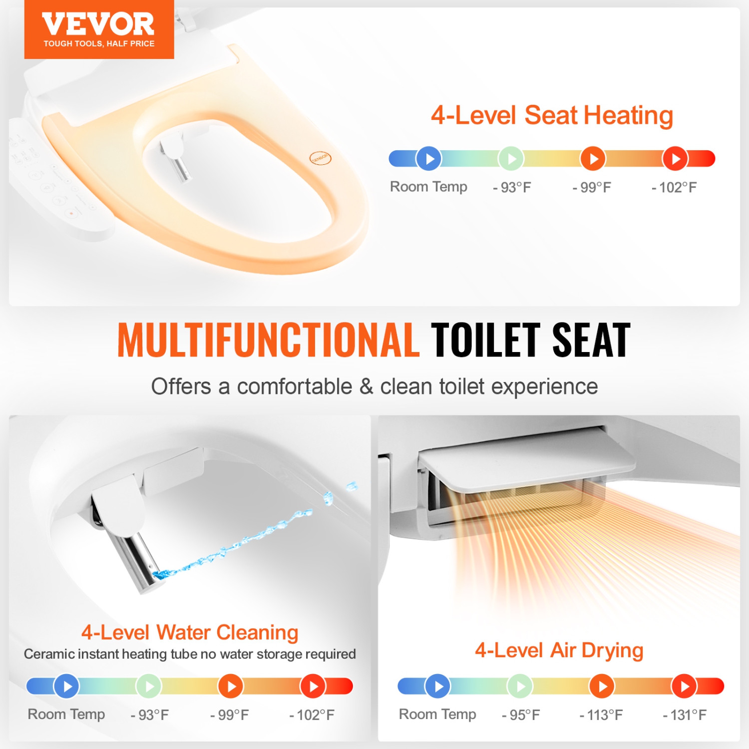 VEVOR Elongated Bidet Toilet Seat, Side Arm Control Smart Toilet Seat for Existing Toilets, Electric Bidet Toilet Seat with Slow Close, Night Light,