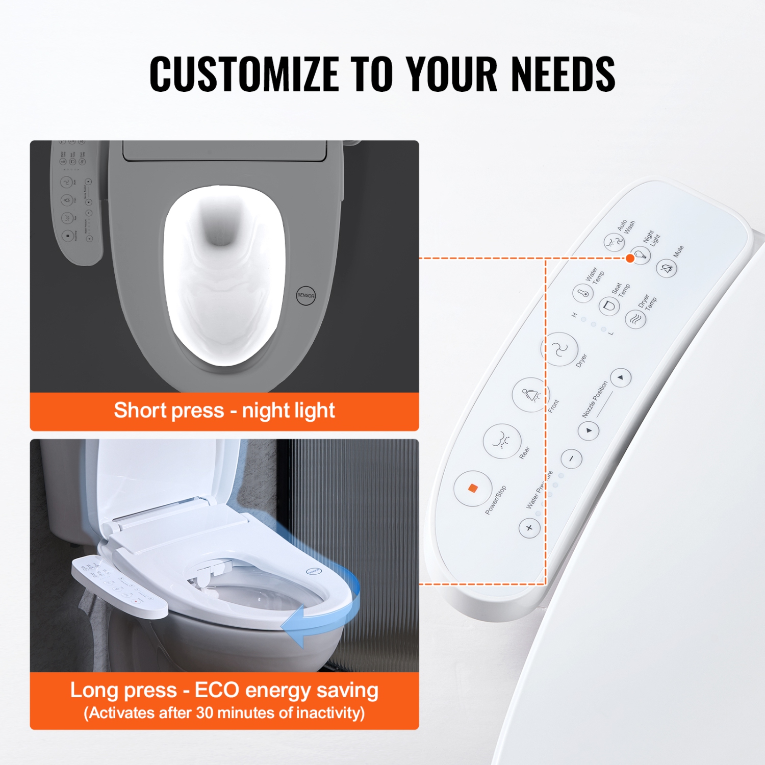 VEVOR Elongated Bidet Toilet Seat, Side Arm Control Smart Toilet Seat for Existing Toilets, Electric Bidet Toilet Seat with Slow Close, Night Light,
