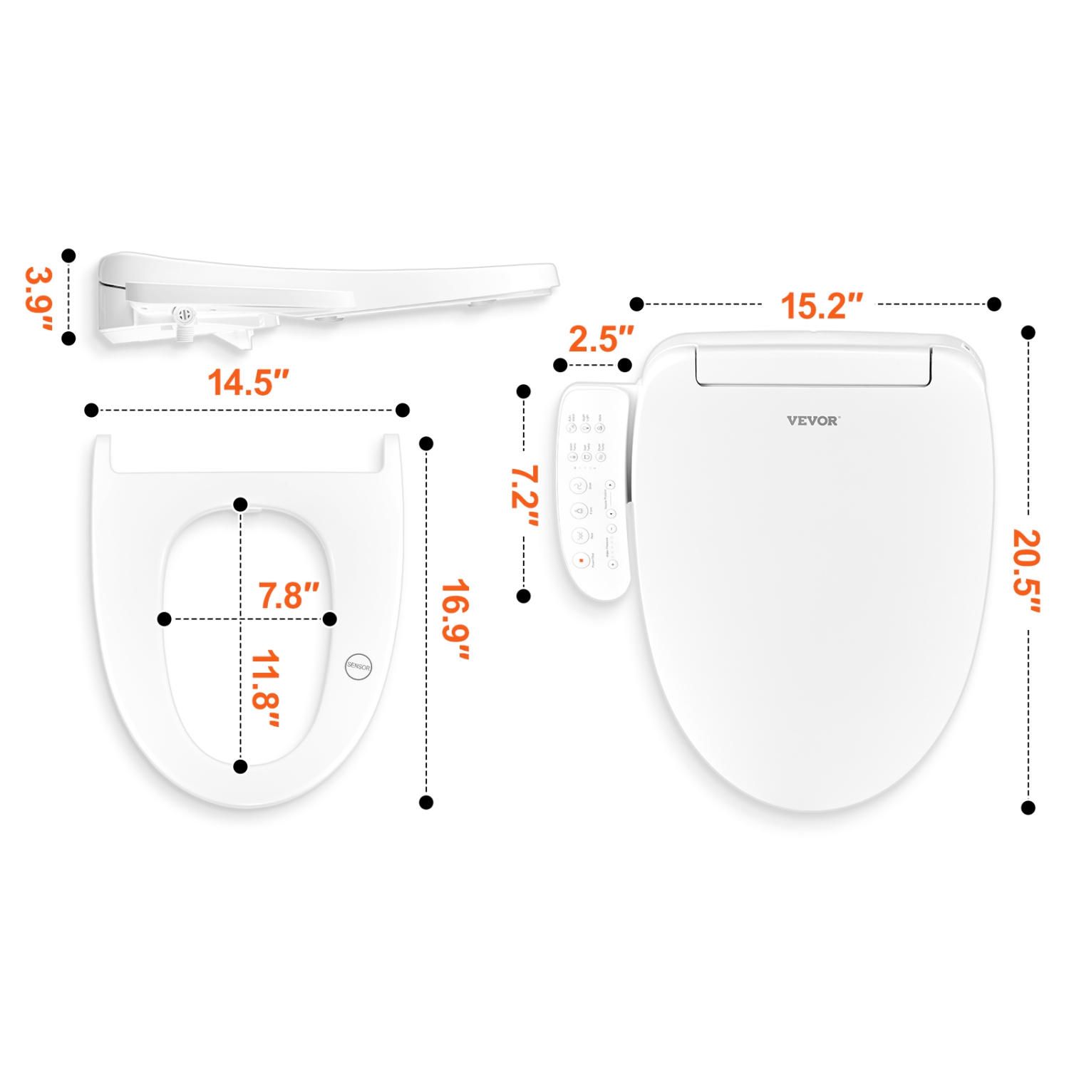 VEVOR Elongated Bidet Toilet Seat, Side Arm Control Smart Toilet Seat for Existing Toilets, Electric Bidet Toilet Seat with Slow Close, Night Light,