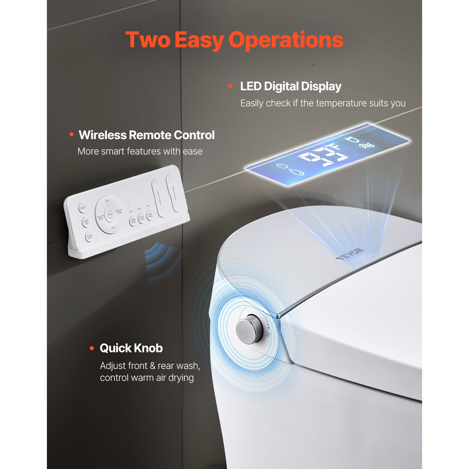 VEVOR Smart Toilet, Air Drying, Elongated Smart Toilet with Heated Seat, Clean Nozzle & Auto Freshening System, Auto Open/Close Toilet with Remote