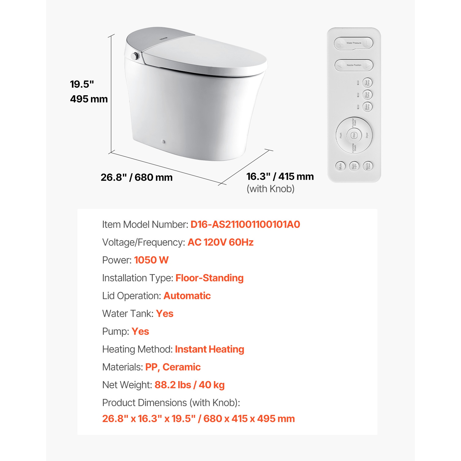 VEVOR Smart Toilet, Air Drying, Elongated Smart Toilet with Heated Seat, Clean Nozzle & Auto Freshening System, Auto Open/Close Toilet with Remote