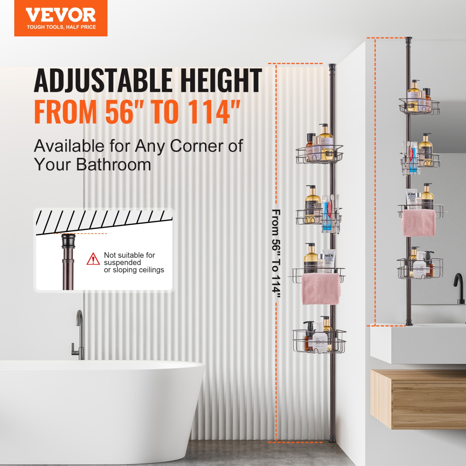 VEVOR Shower Corner Caddy Tension Pole, 56" to 114" High, Multi-Functional Shower Tension Pole with Strong Load-Bearing Tray, Rust-Proof