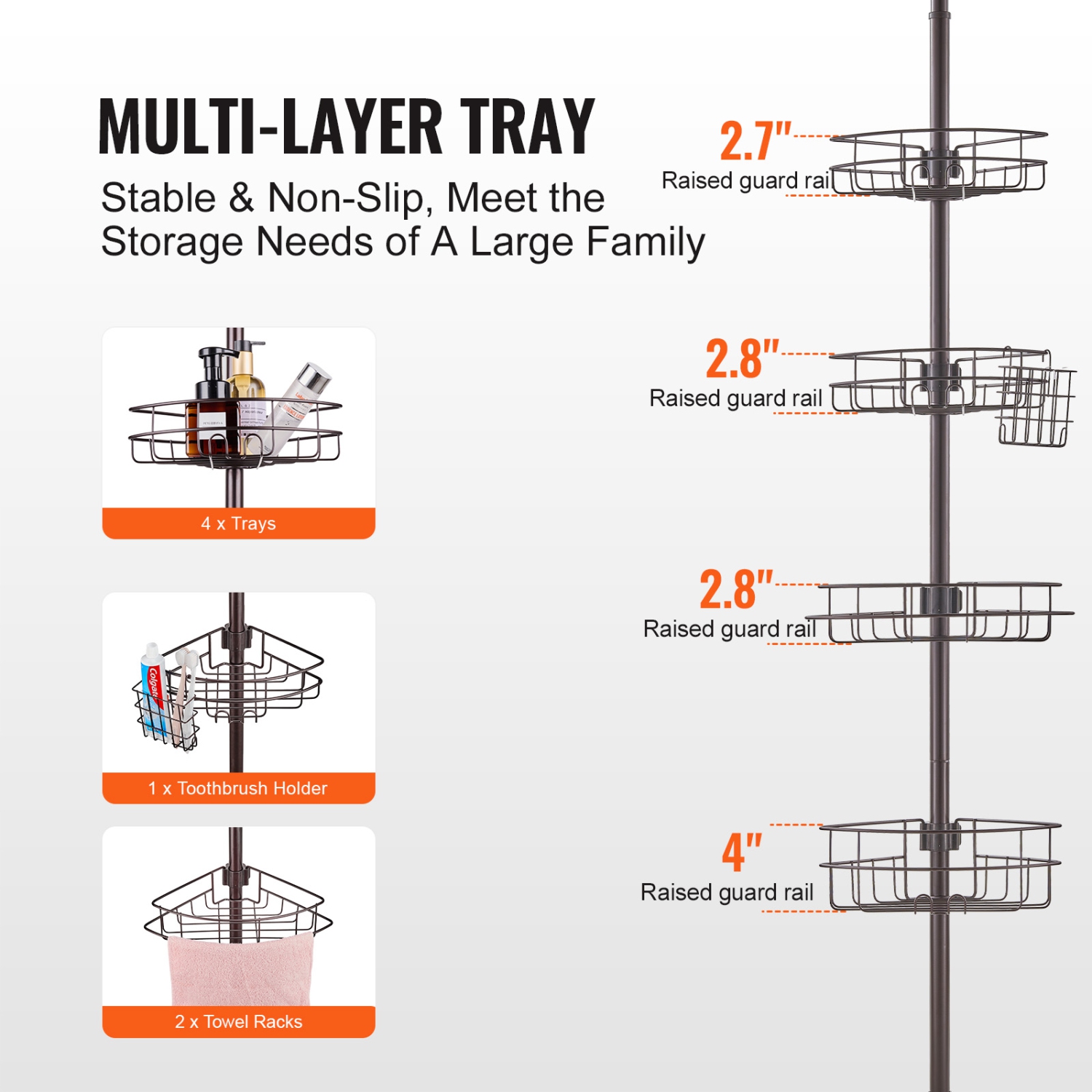 VEVOR Shower Corner Caddy Tension Pole, 56" to 114" High, Multi-Functional Shower Tension Pole with Strong Load-Bearing Tray, Rust-Proof