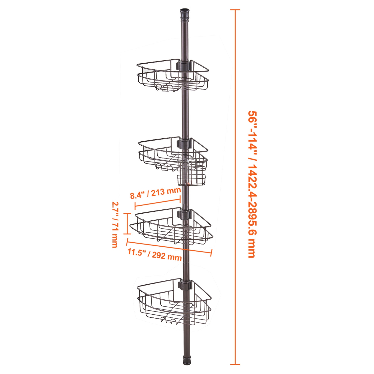 VEVOR Shower Corner Caddy Tension Pole, 56" to 114" High, Multi-Functional Shower Tension Pole with Strong Load-Bearing Tray, Rust-Proof