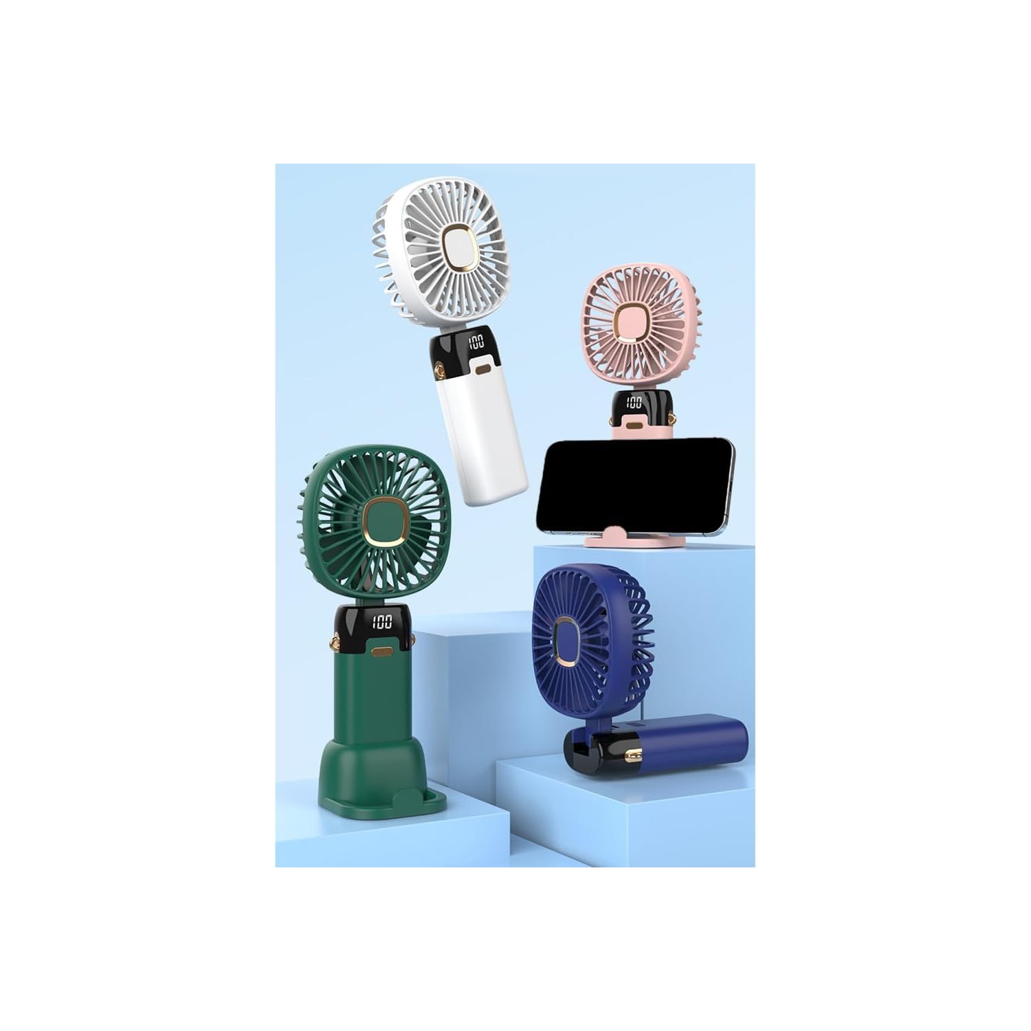 Multi-angle USB table fan with mobile phone holder - portable handheld/table fan with adjustable speed, LED display, 3-6 hours battery life, suitable