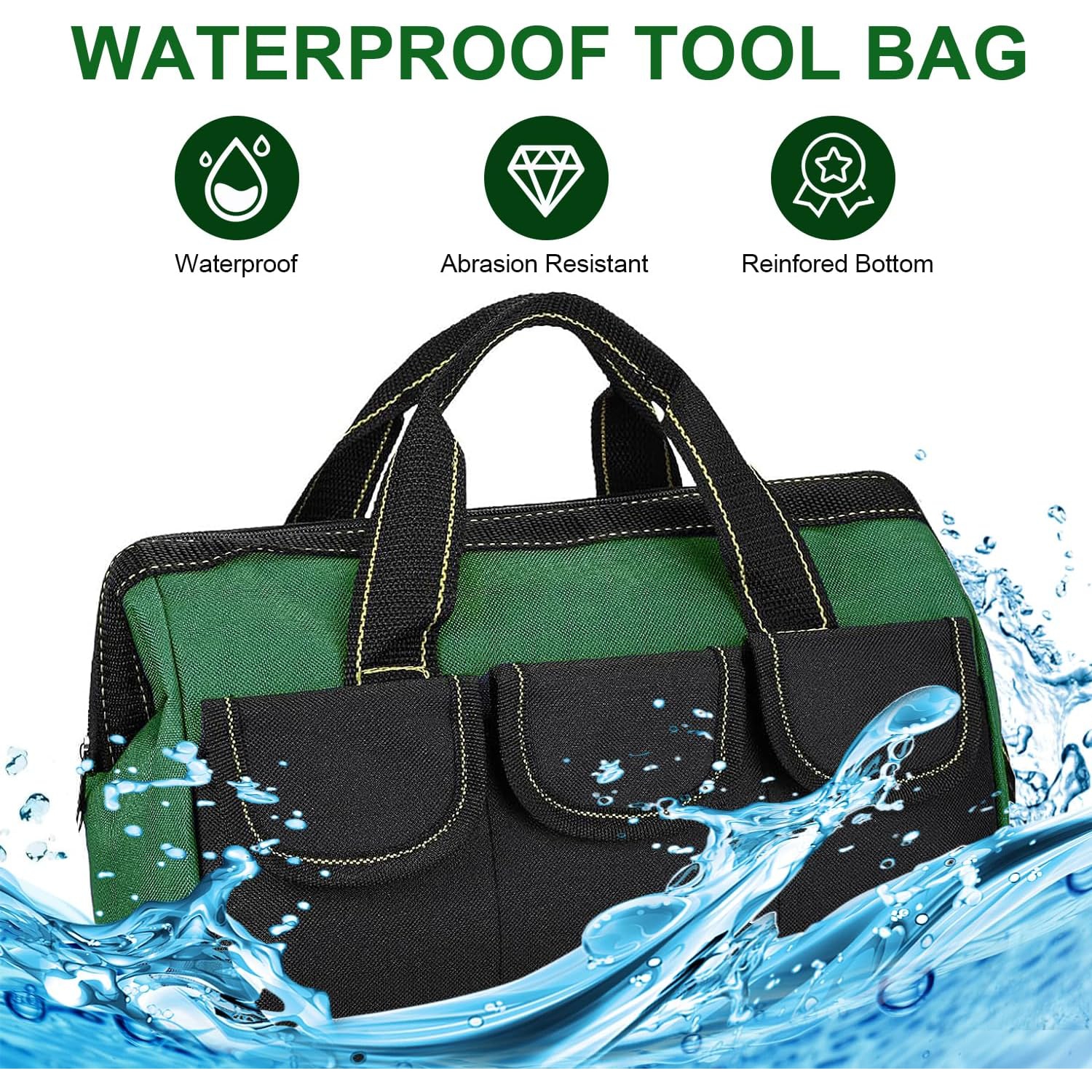 Universal Sturdy 13 Inch Wide Mouth Tool Bag, Professional Waterproof and Durable, Hardware Tool Bag Electrician Canvas - Green