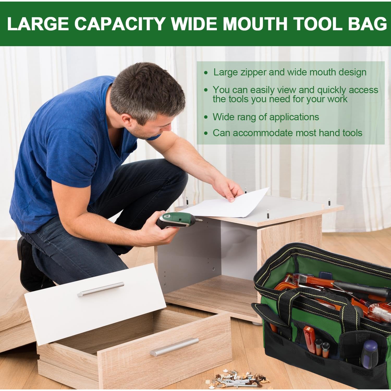 Universal Sturdy 13 Inch Wide Mouth Tool Bag, Professional Waterproof and Durable, Hardware Tool Bag Electrician Canvas - Green