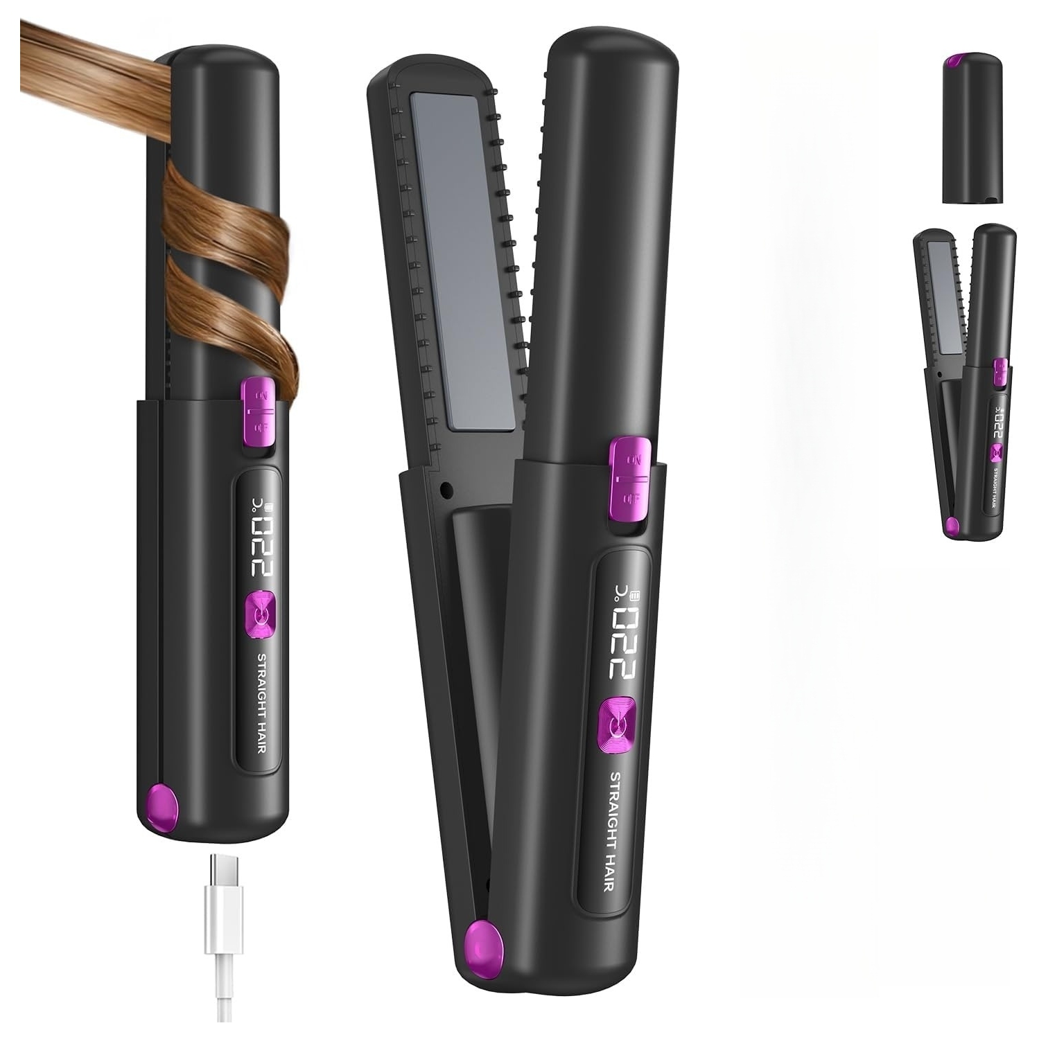 Mini Hair Straightener,Cordless Hair Straightener for Travel,Portable Travel Straightener and Curler,USB Rechargeable Mini Flat Iron,LCD Curling Iron