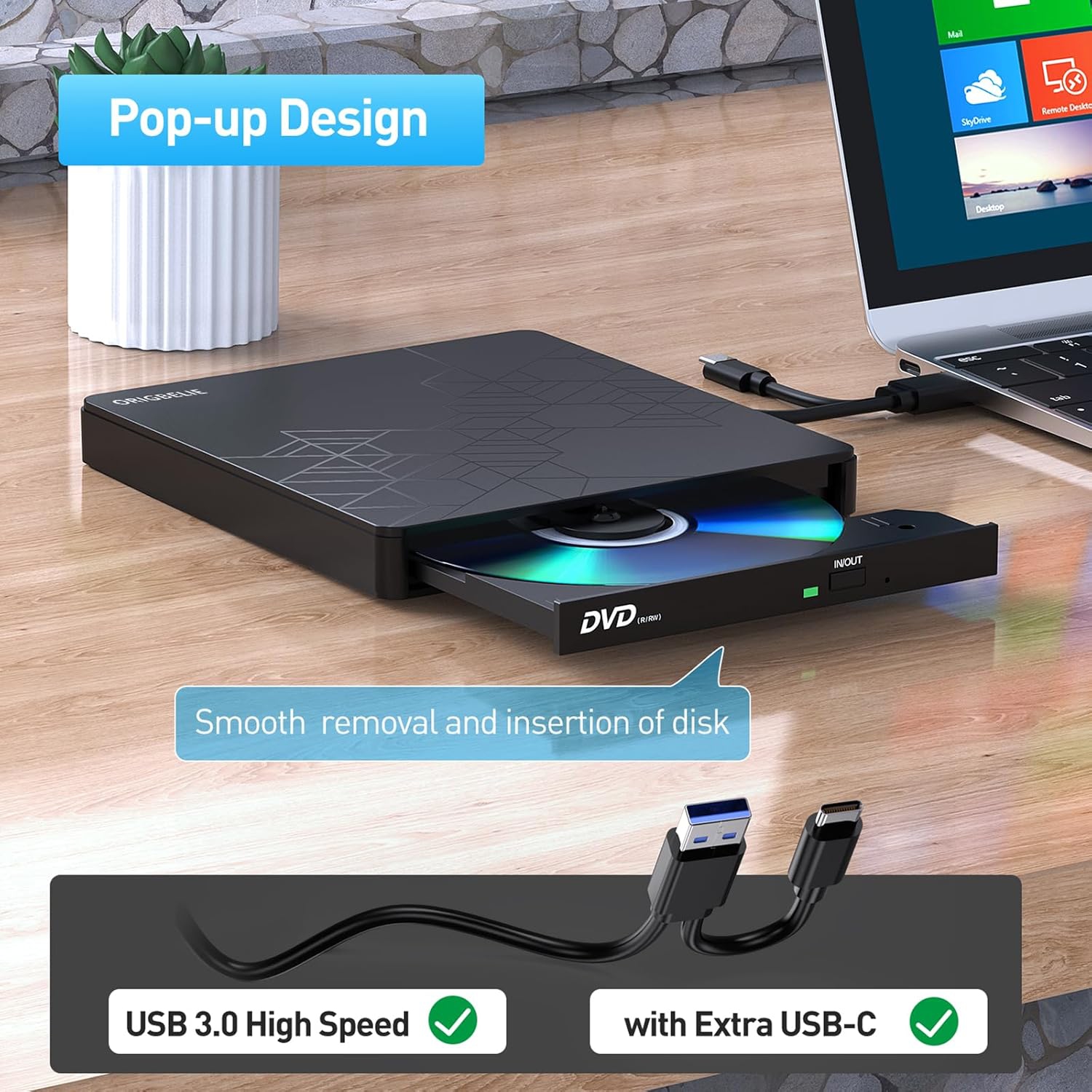 External CD DVD +/-RW Drive USB 3.0 Type C, Portable CD/DVD Player Burner Drive for Laptop Desktop PC iMac MacBook Pro/Air Windows /XP Linux Mac OS