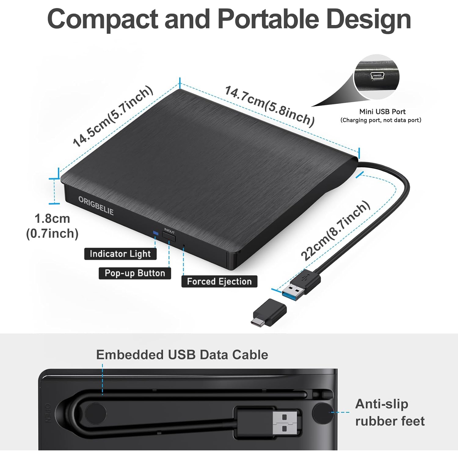 External CD DVD +/-RW Drive USB 3.0 Type C, Portable CD/DVD Player Burner Reader Drive for Laptop Desktop PC iMac MacBook Pro/Air Windows /XP Linux