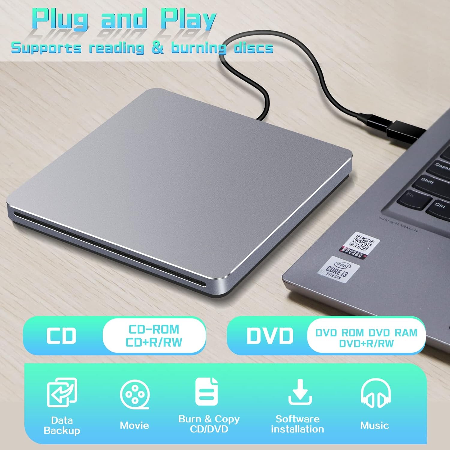 Lecteur DVD externe NOLYTH, graveur CD USB C portatif +/-RW DVD, lecteur CD DVD externe pour ordinateur portatif Mac Windows MacBook, gris