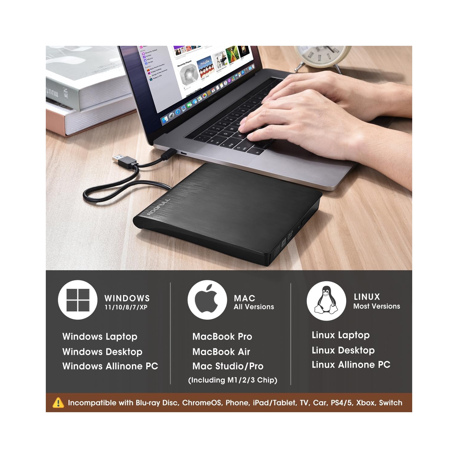 Lecteur de CD externe DVD +/-RW USB 3,0 DVD portatif Lecteur de CD-ROM Lecteur de disque optique pour ordinateur portatif PC Windows 11/10/8/7, Mac