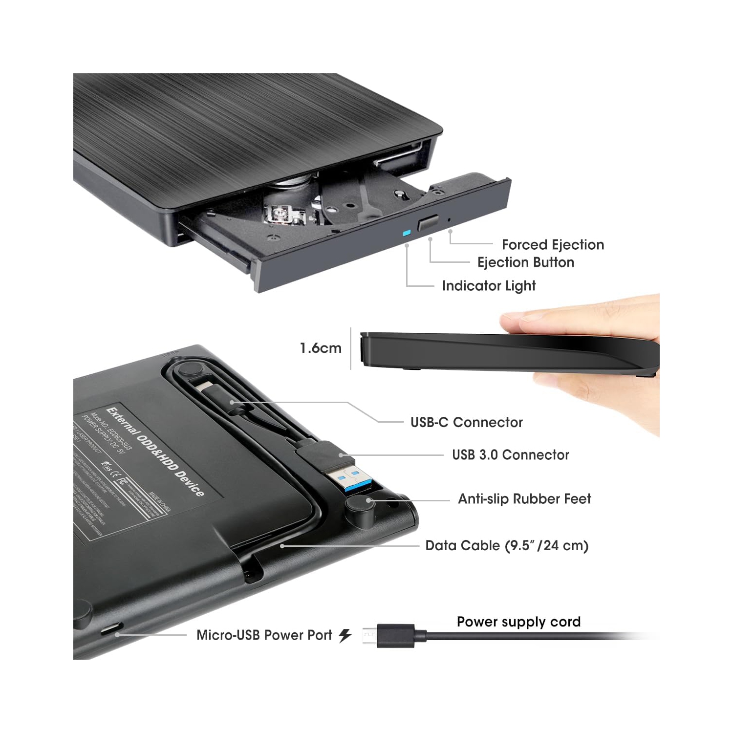 Lecteur de CD externe DVD +/-RW USB 3,0 DVD portatif Lecteur de CD-ROM Lecteur de disque optique pour ordinateur portatif PC Windows 11/10/8/7, Mac