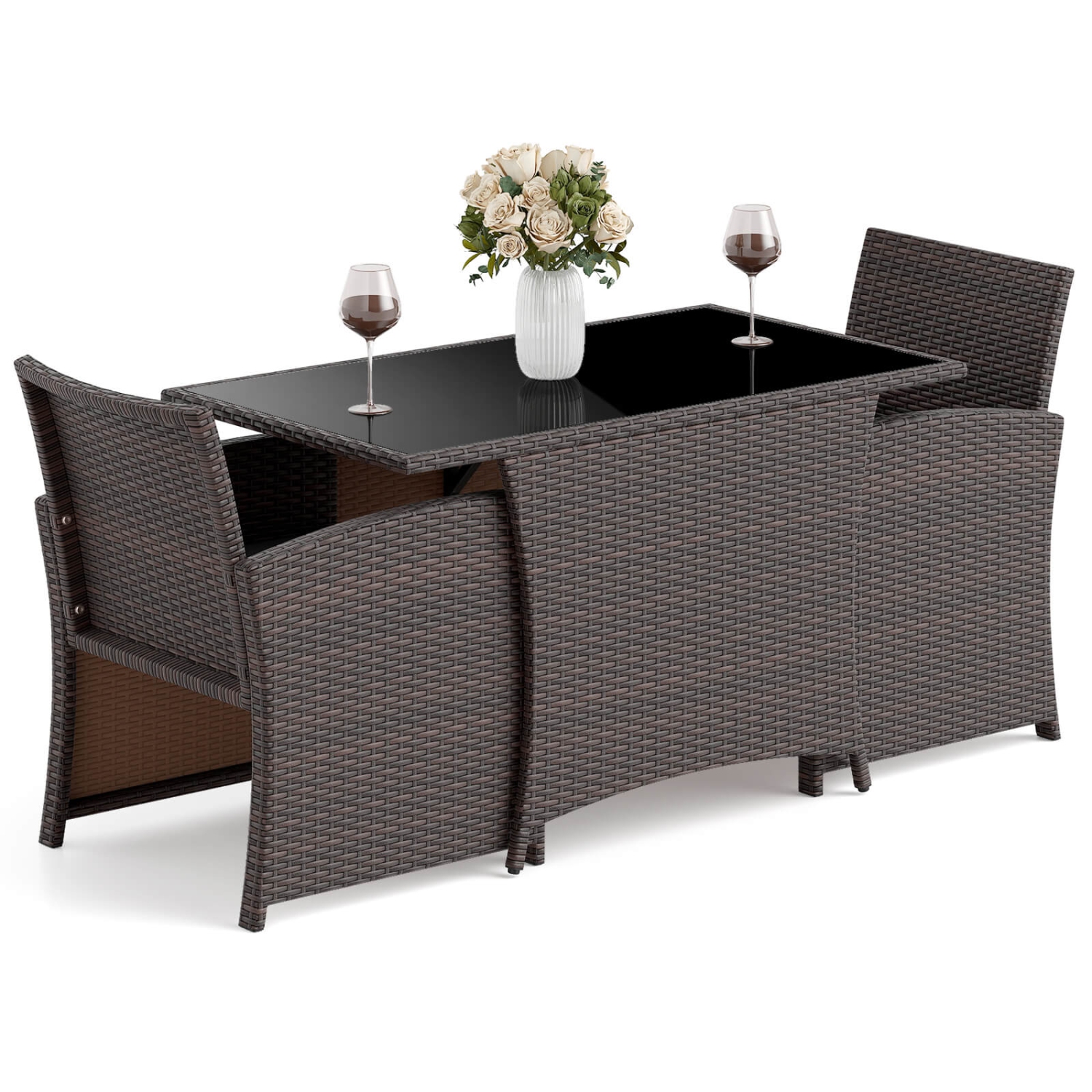 Ensemble bistro de meubles de balcon en osier 3 PCS de Costway avec table à manger en verre trempé
