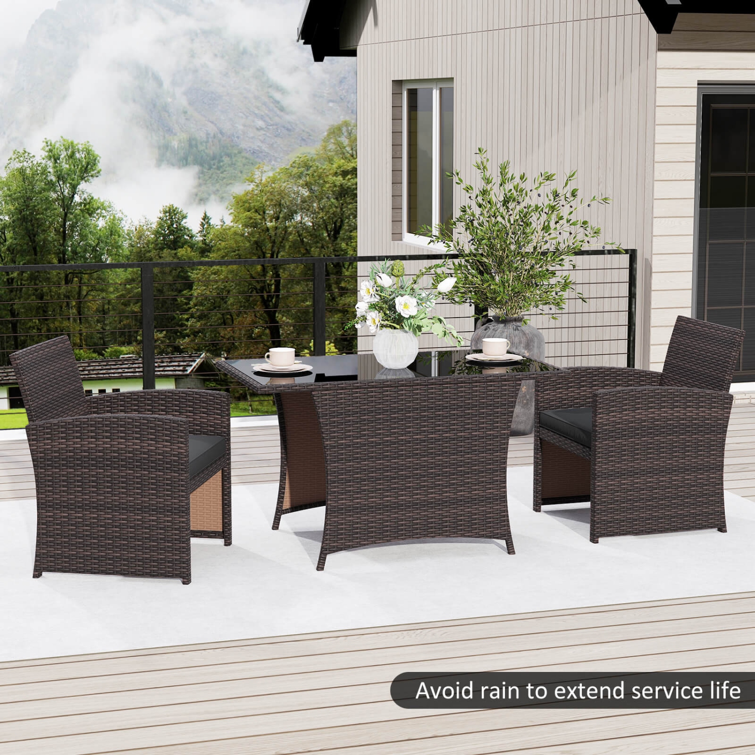 Ensemble bistro de meubles de balcon en osier 3 PCS de Costway avec table à manger en verre trempé