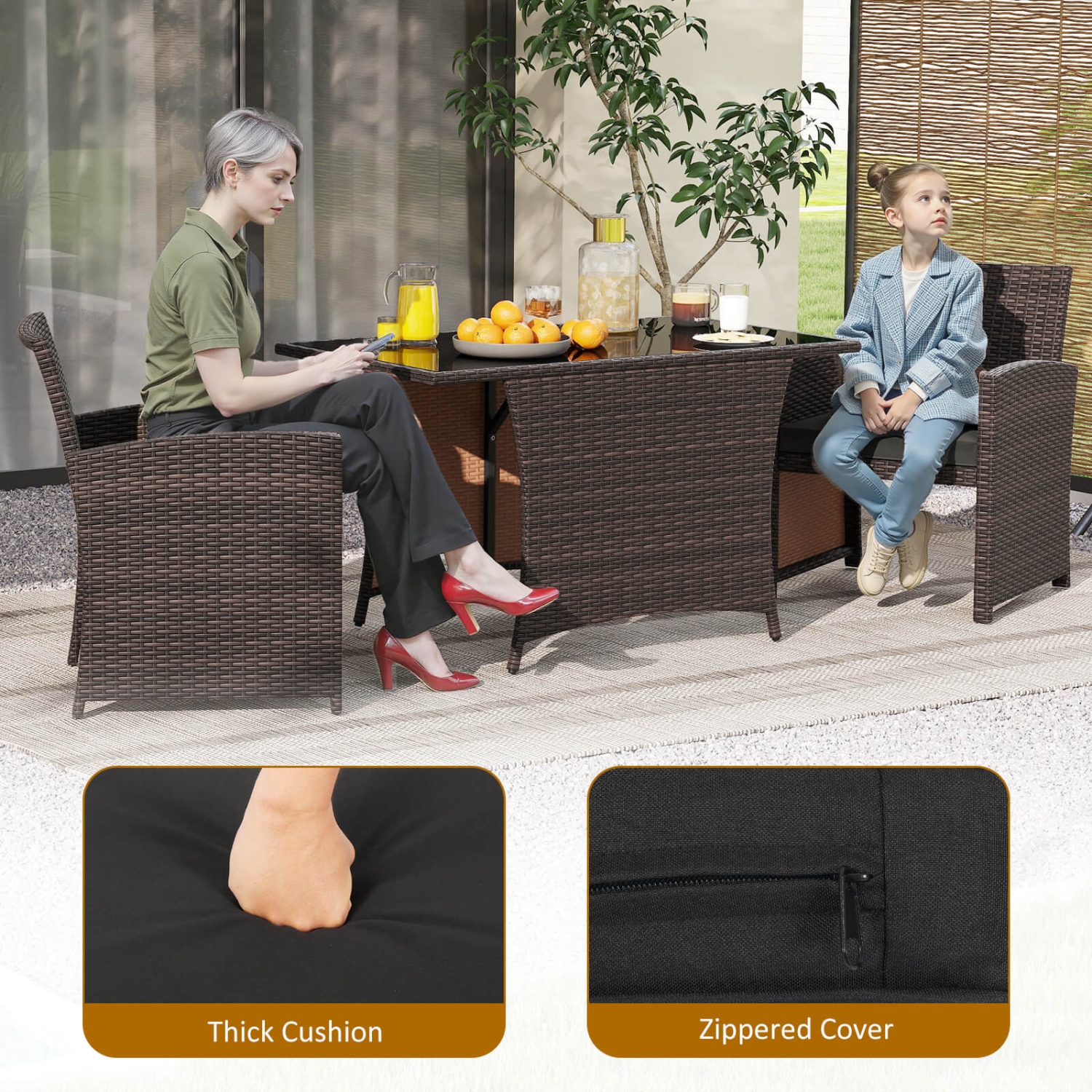 Ensemble bistro de meubles de balcon en osier 3 PCS de Costway avec table à manger en verre trempé