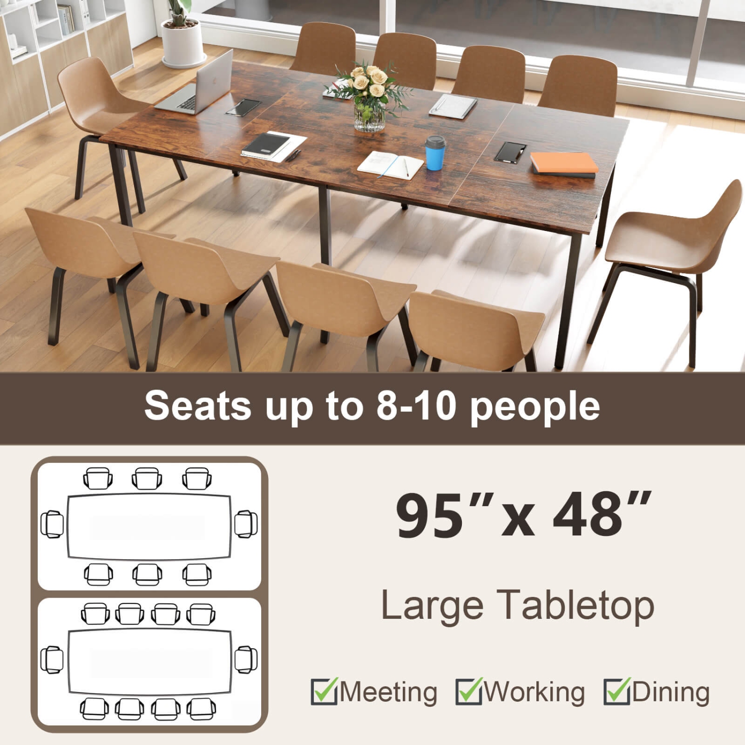 Costway 1/2 PCS 95" x 48" Large Meeting Table Seats up to 10 People 2 Cable Grommets for Office White/Brown