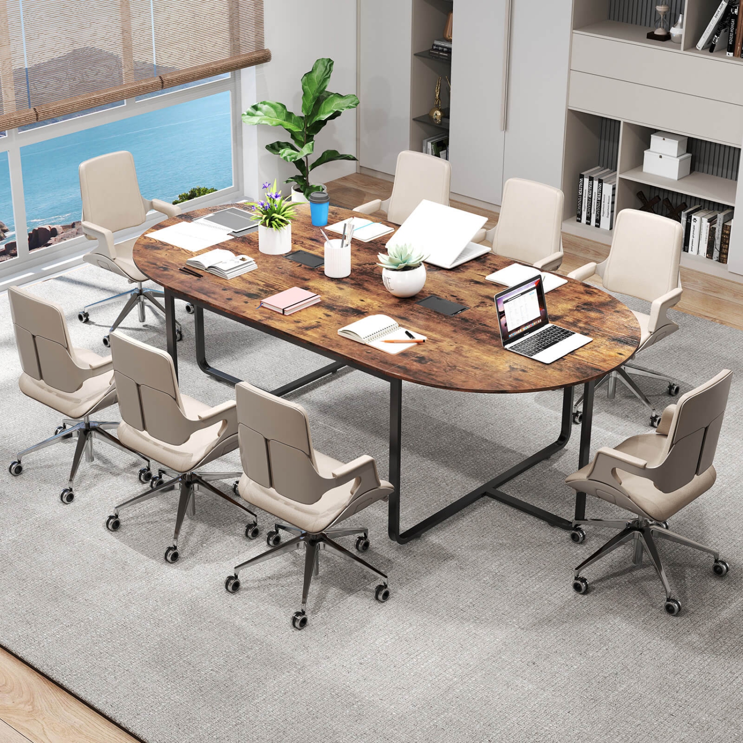 Costway 95" Conference Table for 10-12 People 2 Cable Management Grommets for Office Brown