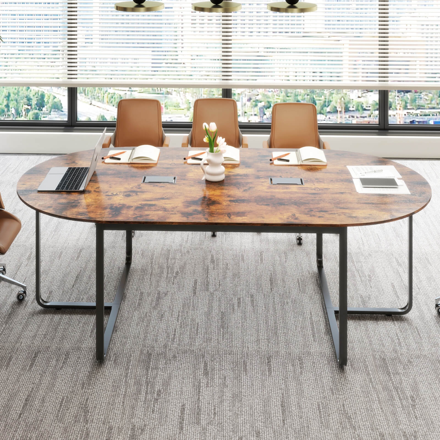 Costway 95" Conference Table for 10-12 People 2 Cable Management Grommets for Office Brown