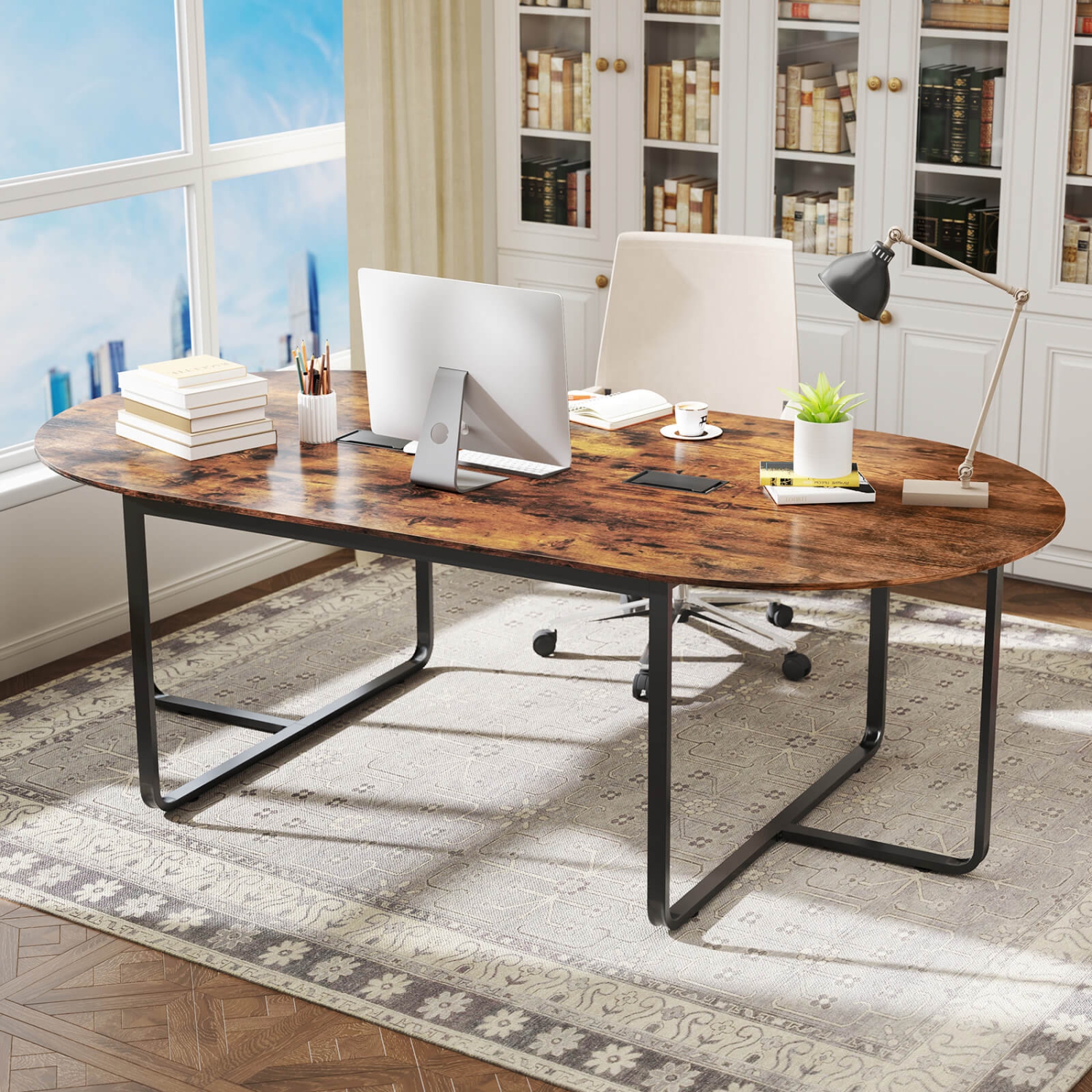 Costway 95" Conference Table for 10-12 People 2 Cable Management Grommets for Office Brown