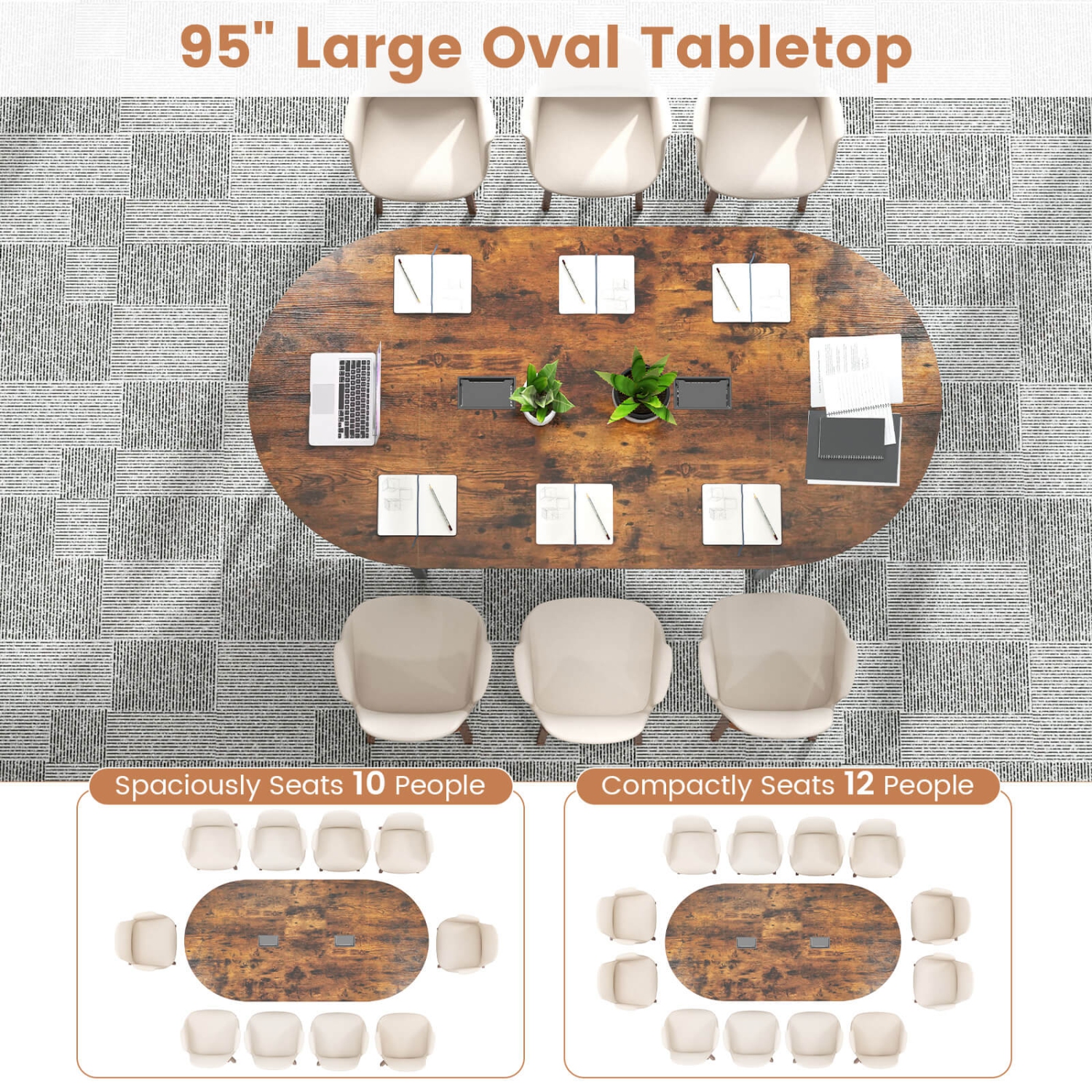 Costway 95" Conference Table for 10-12 People 2 Cable Management Grommets for Office Brown