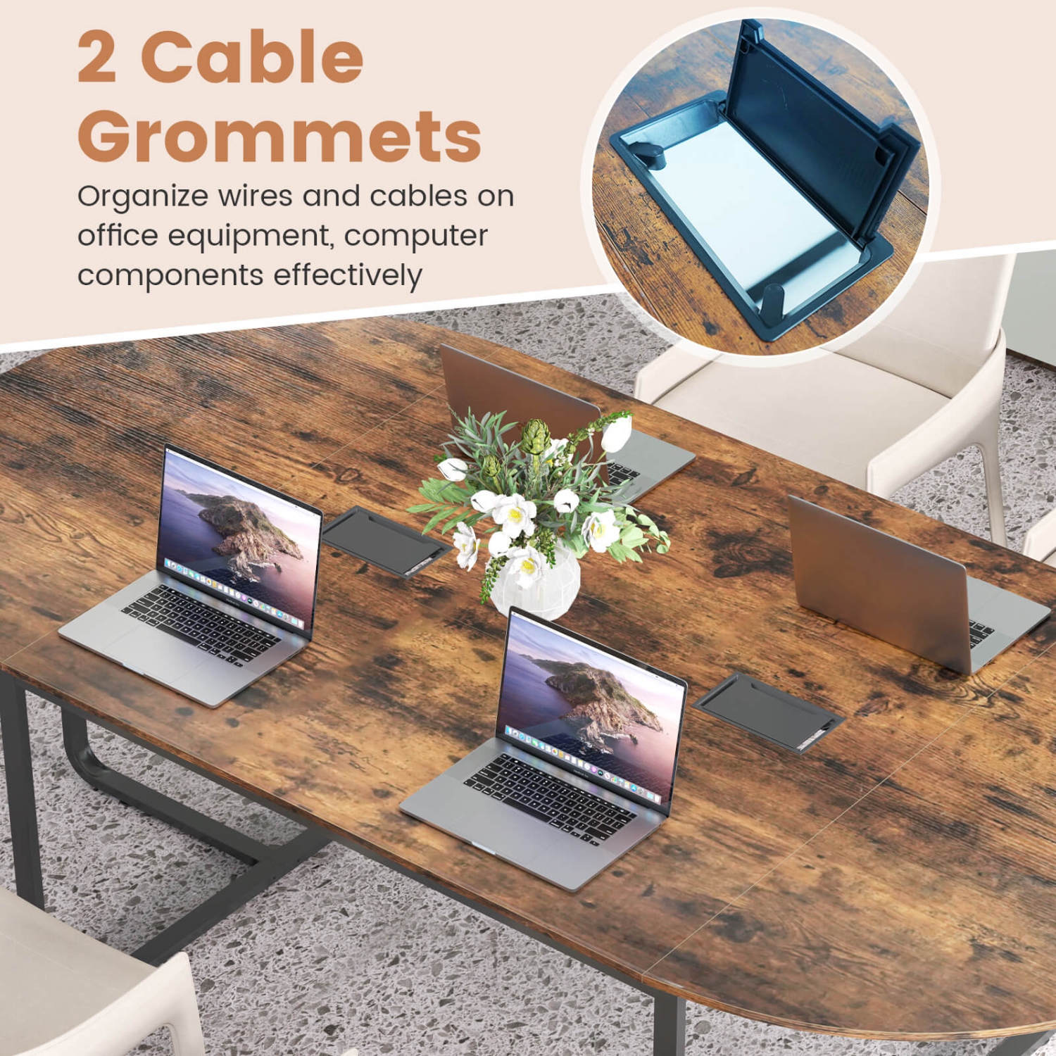 Costway 95" Conference Table for 10-12 People 2 Cable Management Grommets for Office Brown