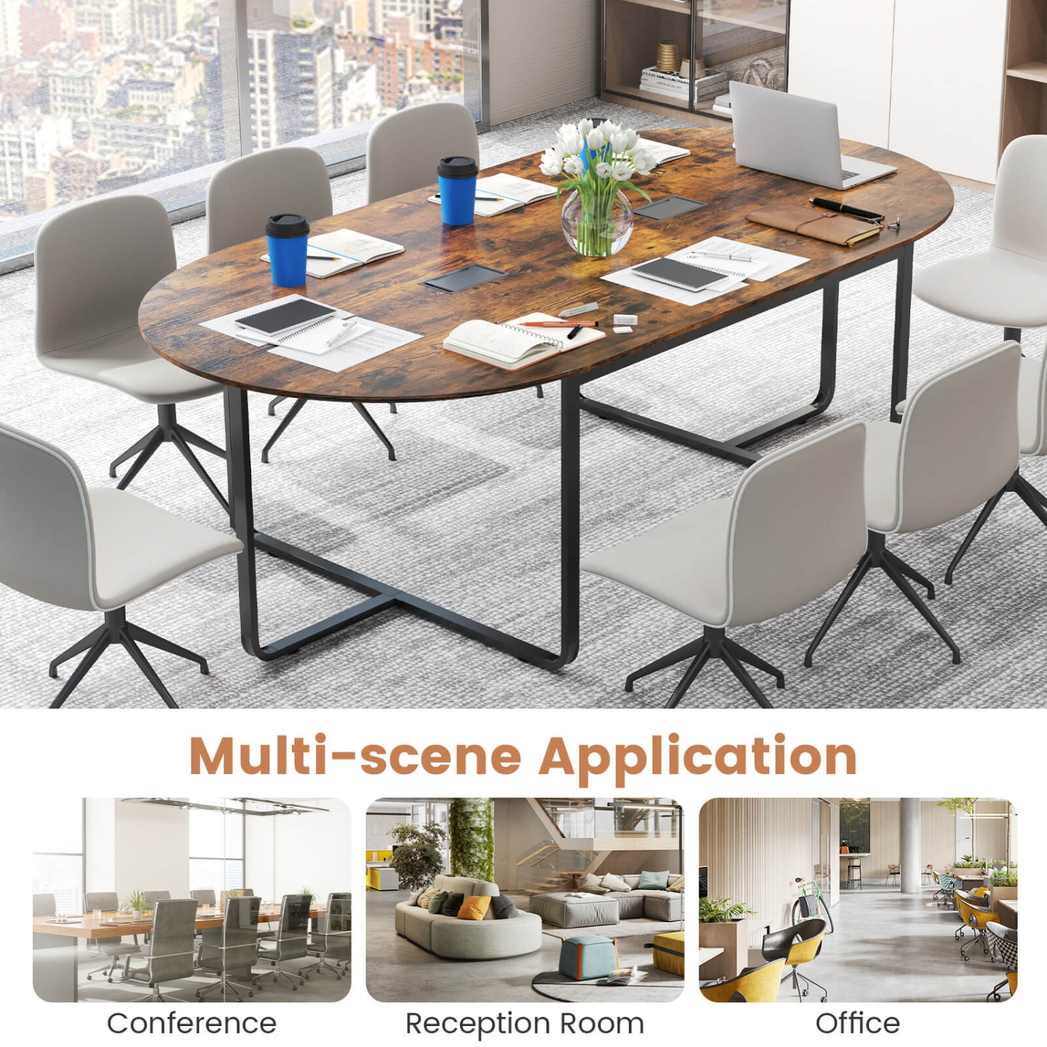 Costway 95" Conference Table for 10-12 People 2 Cable Management Grommets for Office Brown