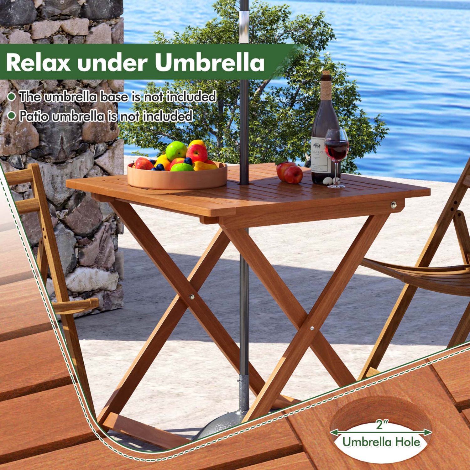 Costway 1/2 PCS 29.5" x 29.5" Patio Dining Table with Teak Painting 2" Umbrella Hole for Balcony