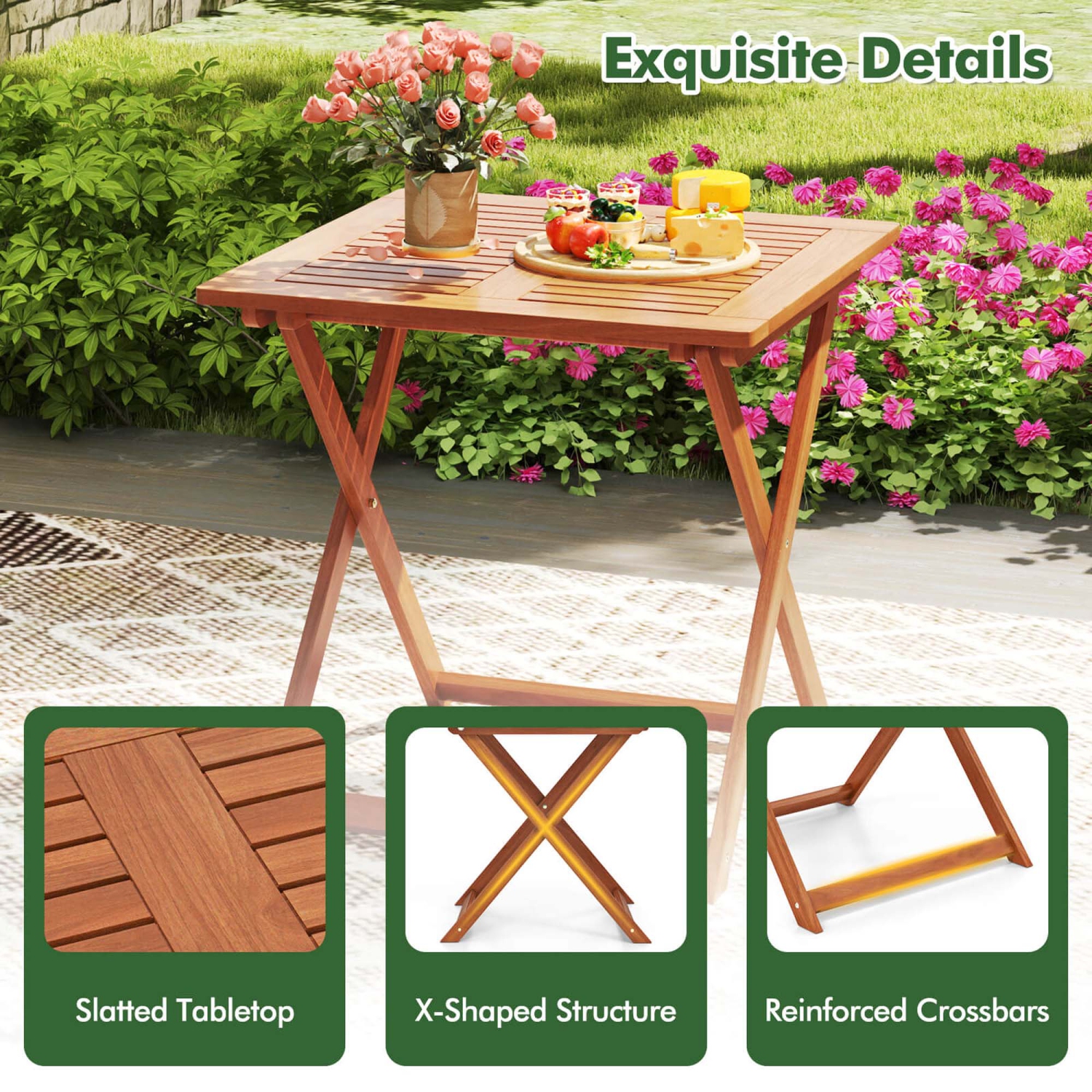 Costway 1/2 PCS 29.5" x 29.5" Patio Dining Table with Teak Painting 2" Umbrella Hole for Balcony