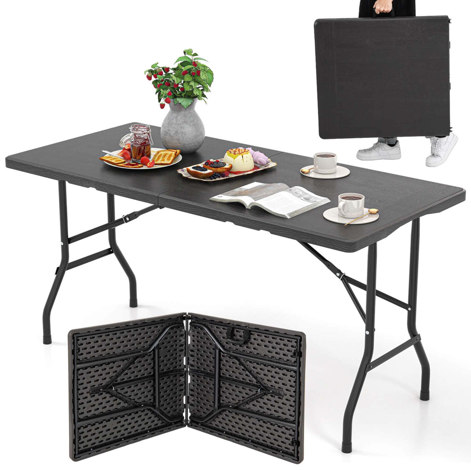 Costway 5 ft Folding Picnic Table Outdoor Dining Table with Rattan Grain HDPE Tabletop Brown/Black