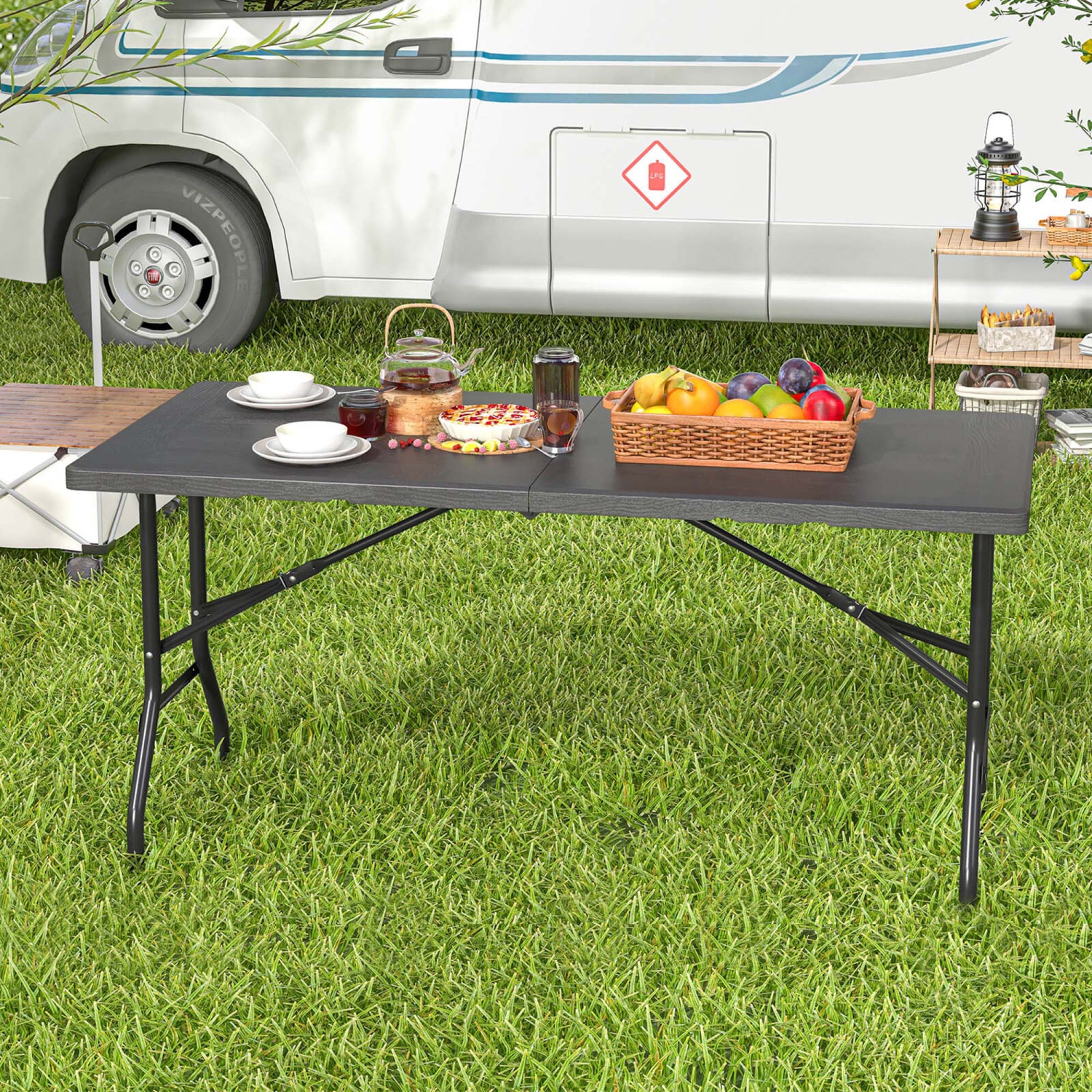 Costway 5 ft Folding Picnic Table Outdoor Dining Table with Rattan Grain HDPE Tabletop Brown/Black