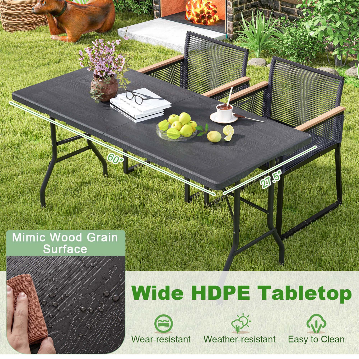 Costway 5 ft Folding Picnic Table Outdoor Dining Table with Rattan Grain HDPE Tabletop Brown/Black