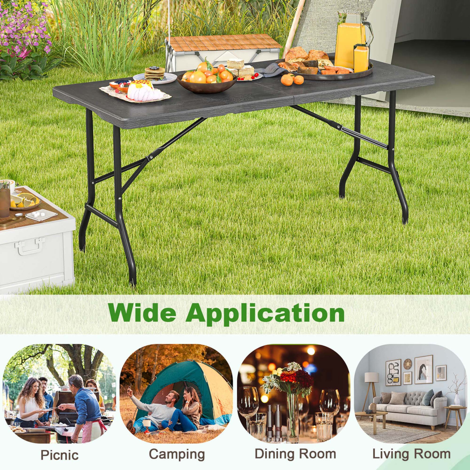Costway 5 ft Folding Picnic Table Outdoor Dining Table with Rattan Grain HDPE Tabletop Brown/Black