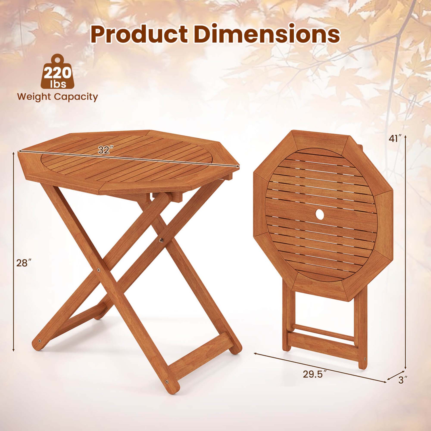 Costway 1/2 PCS Outdoor Patio Folding Wood Dining Table for 4 with 2" Umbrella Hole for Garden