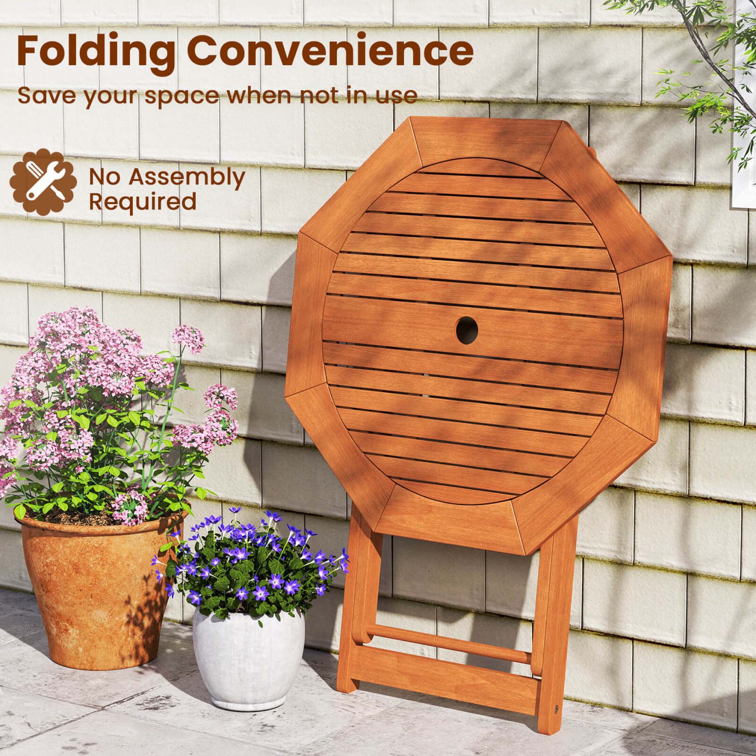 Costway 1/2 PCS Outdoor Patio Folding Wood Dining Table for 4 with 2" Umbrella Hole for Garden