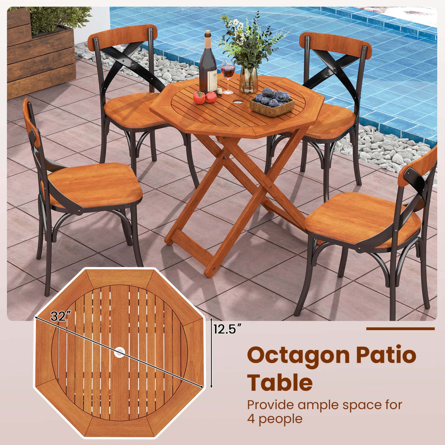 Costway 1/2 PCS Outdoor Patio Folding Wood Dining Table for 4 with 2" Umbrella Hole for Garden