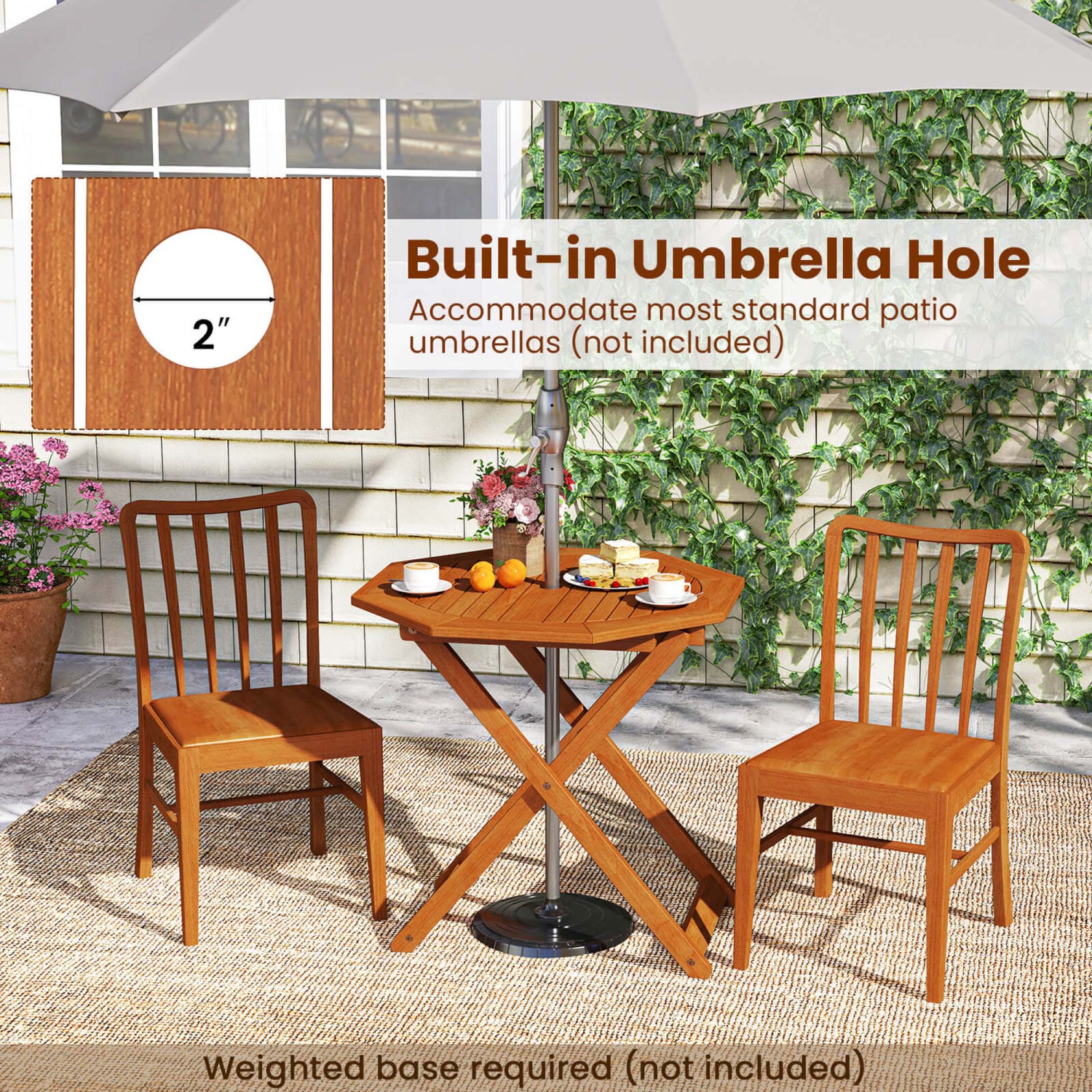 Costway 1/2 PCS Outdoor Patio Folding Wood Dining Table for 4 with 2" Umbrella Hole for Garden