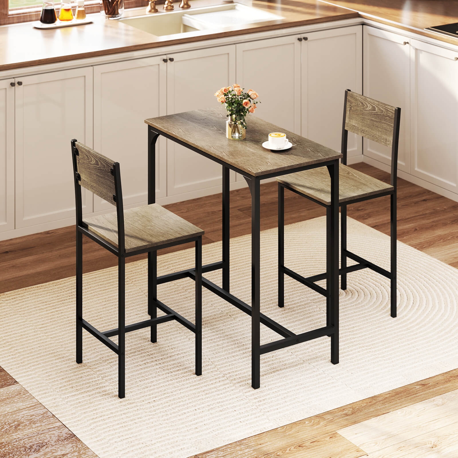 Costway 3 PCS Bar Table Set Pub Dining Table & 2 Bar Stools with Backrest & Footrest Gray/Brown