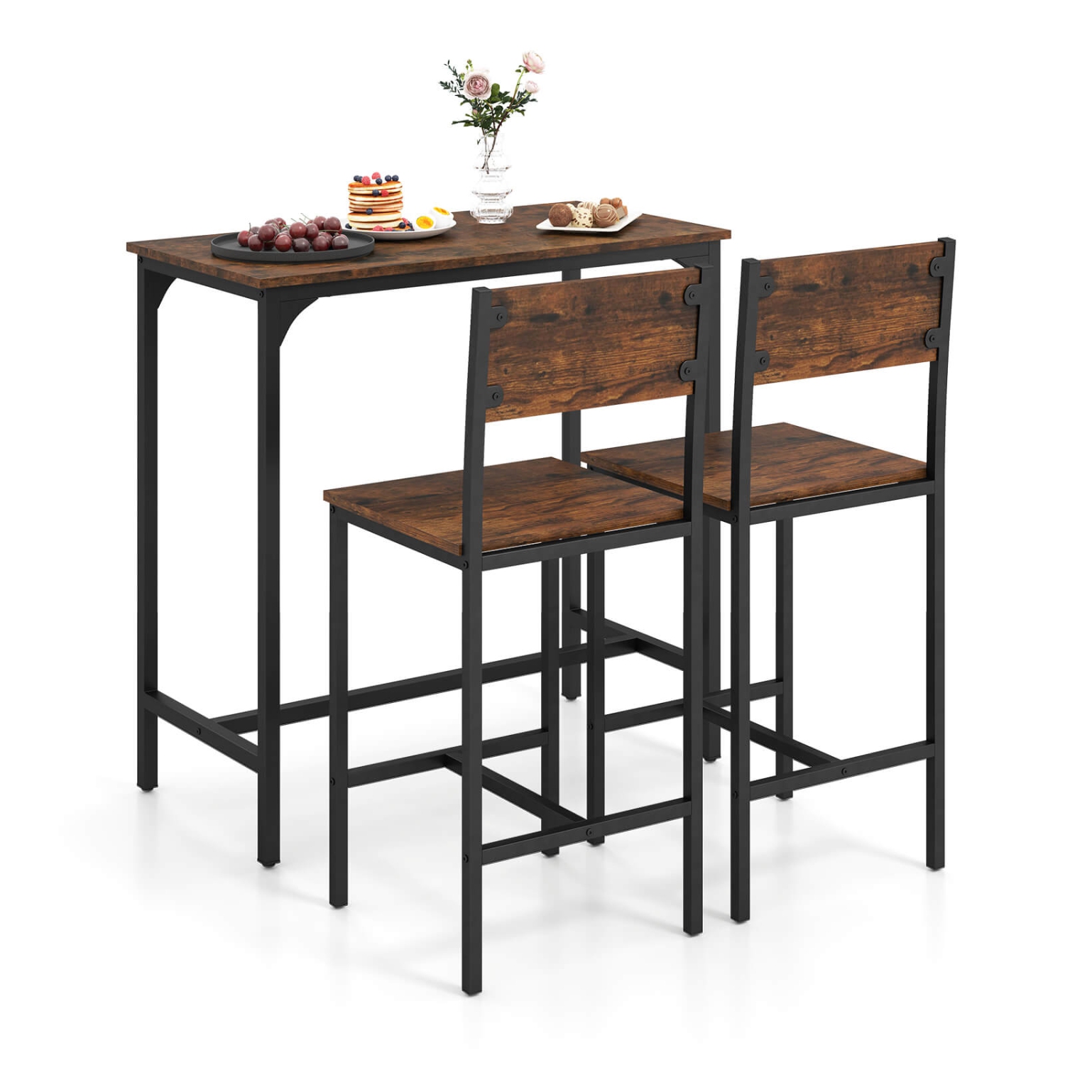 Costway 3 PCS Bar Table Set Pub Dining Table & 2 Bar Stools with Backrest & Footrest Gray/Brown