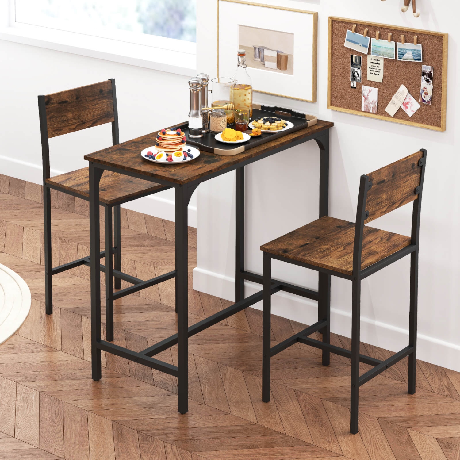 Costway 3 PCS Bar Table Set Pub Dining Table & 2 Bar Stools with Backrest & Footrest Gray/Brown