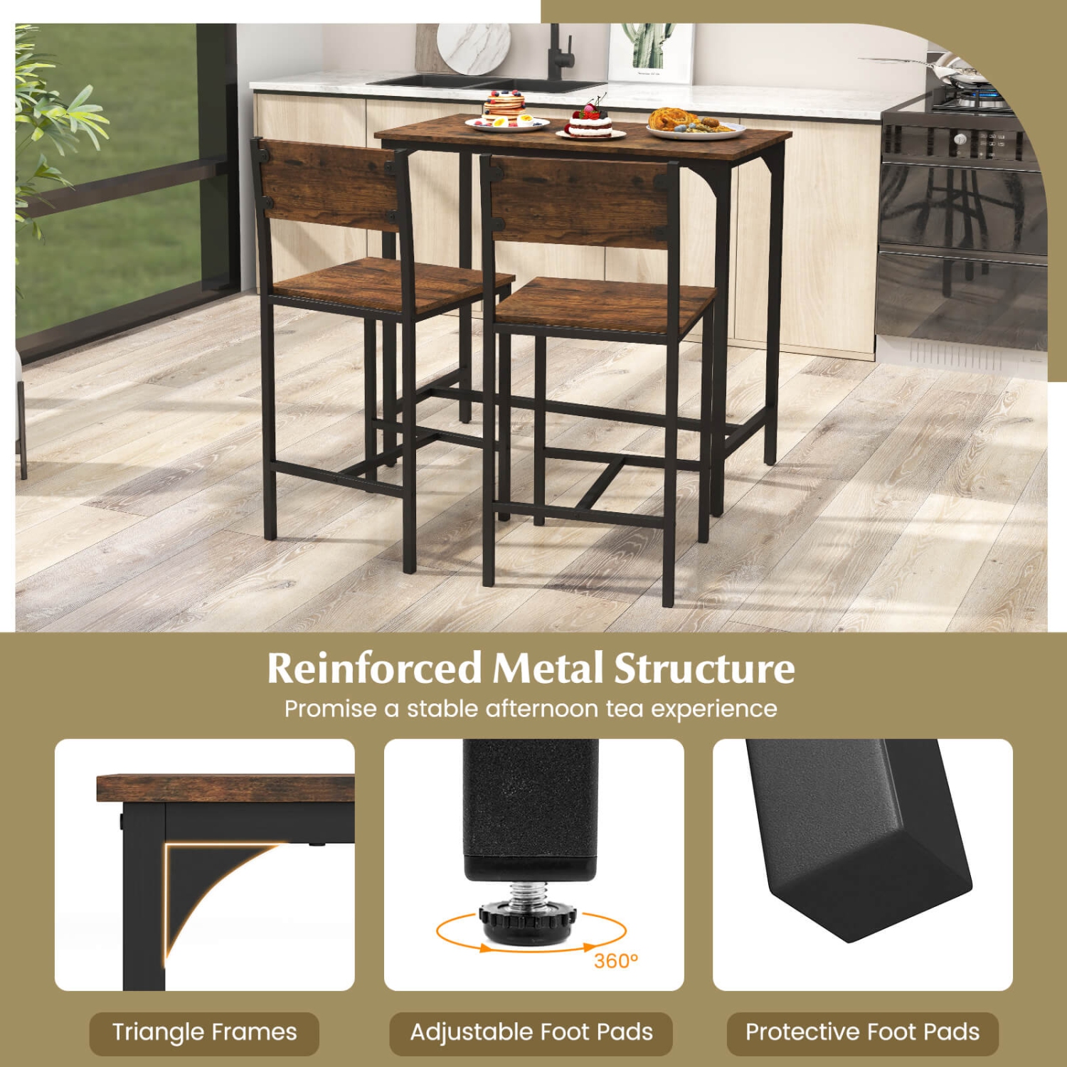 Costway 3 PCS Bar Table Set Pub Dining Table & 2 Bar Stools with Backrest & Footrest Gray/Brown