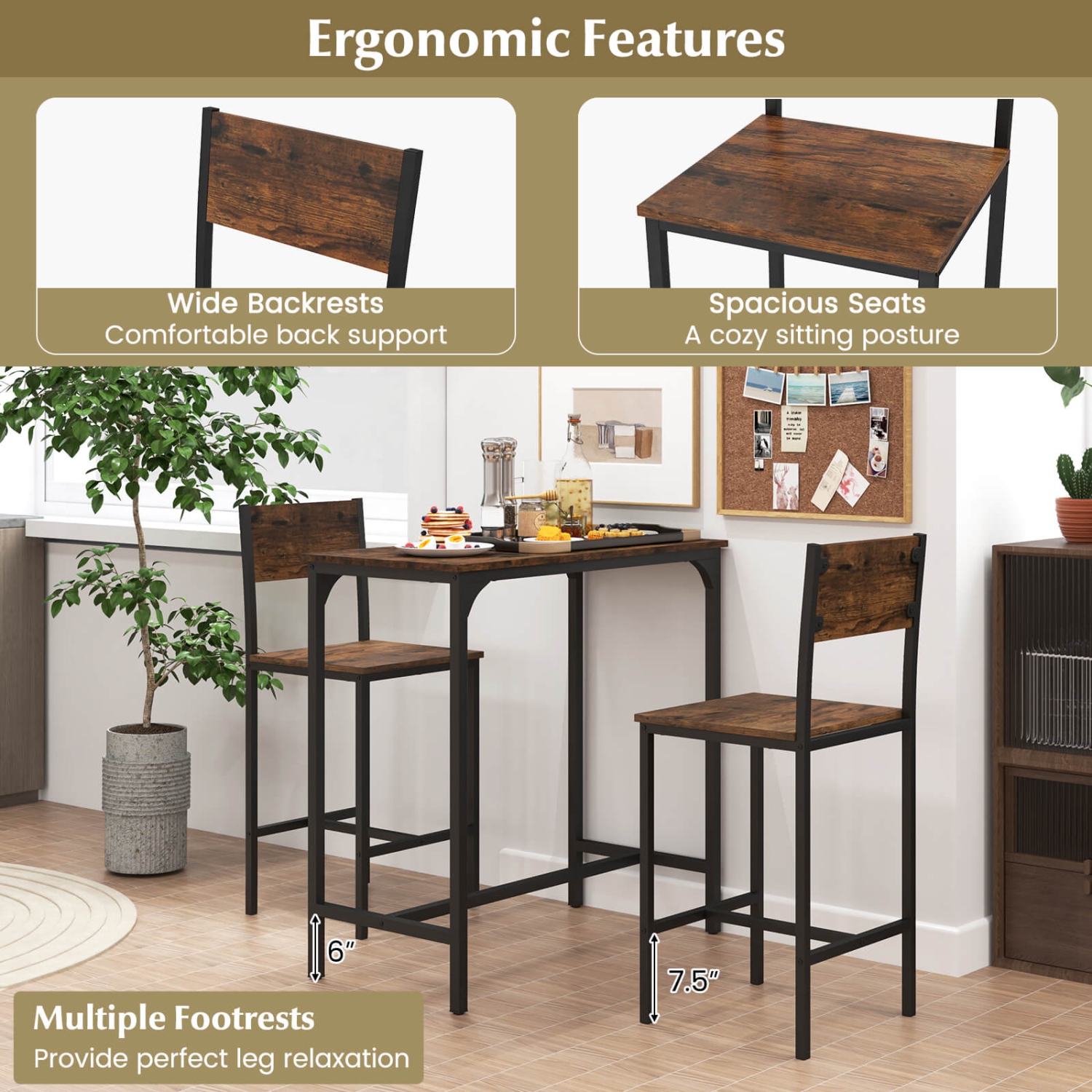 Costway 3 PCS Bar Table Set Pub Dining Table & 2 Bar Stools with Backrest & Footrest Gray/Brown