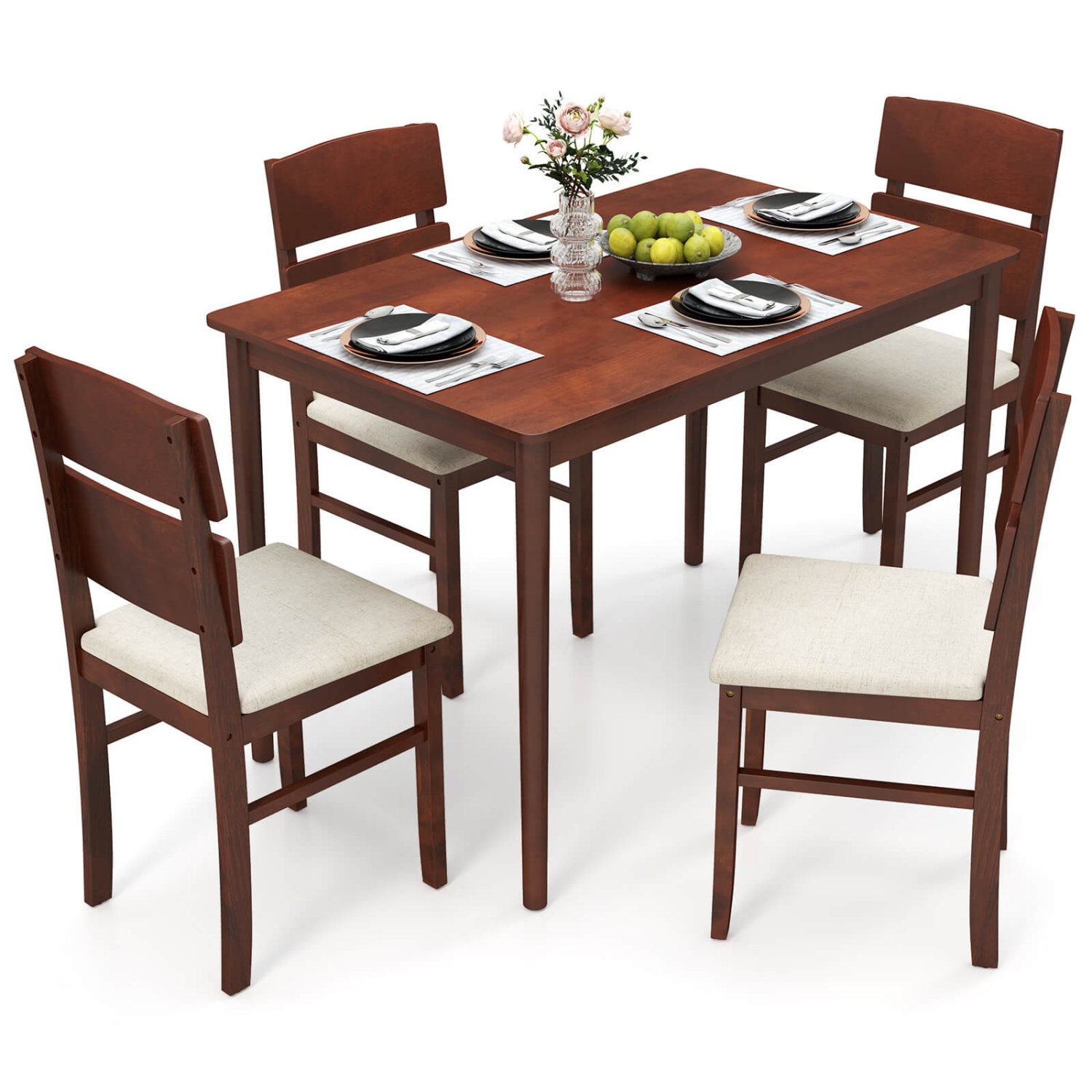 Costway 5 PCS Dining Table Set for 4 Farmhouse Wooden Table & 4 Upholstered Chairs