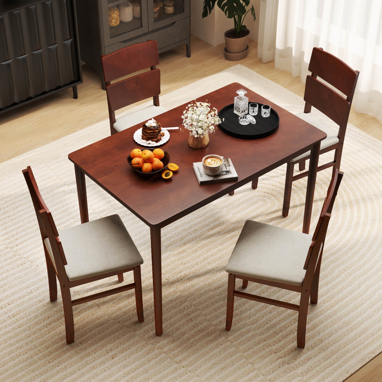 Costway 5 PCS Dining Table Set for 4 Farmhouse Wooden Table & 4 Upholstered Chairs