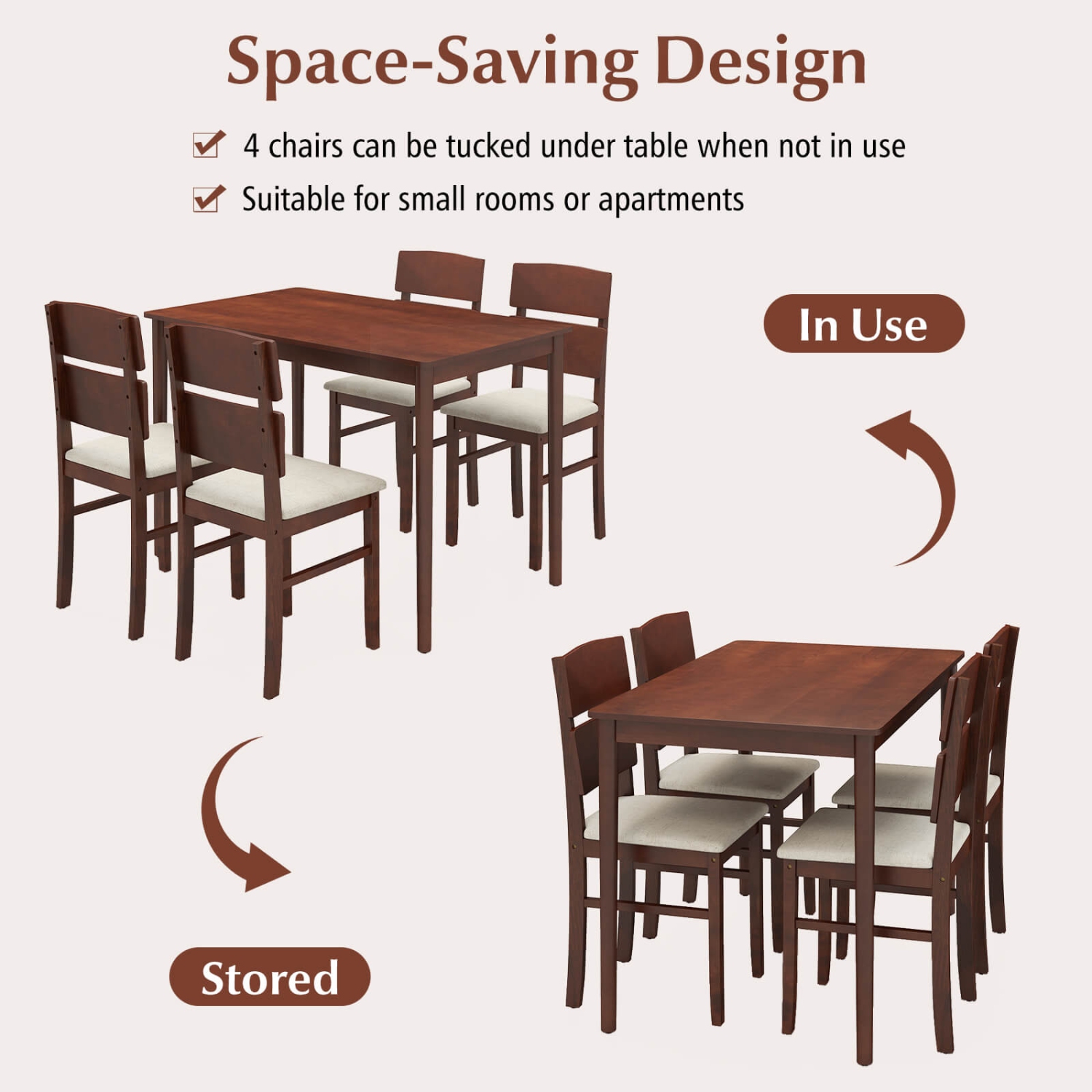 Costway 5 PCS Dining Table Set for 4 Farmhouse Wooden Table & 4 Upholstered Chairs