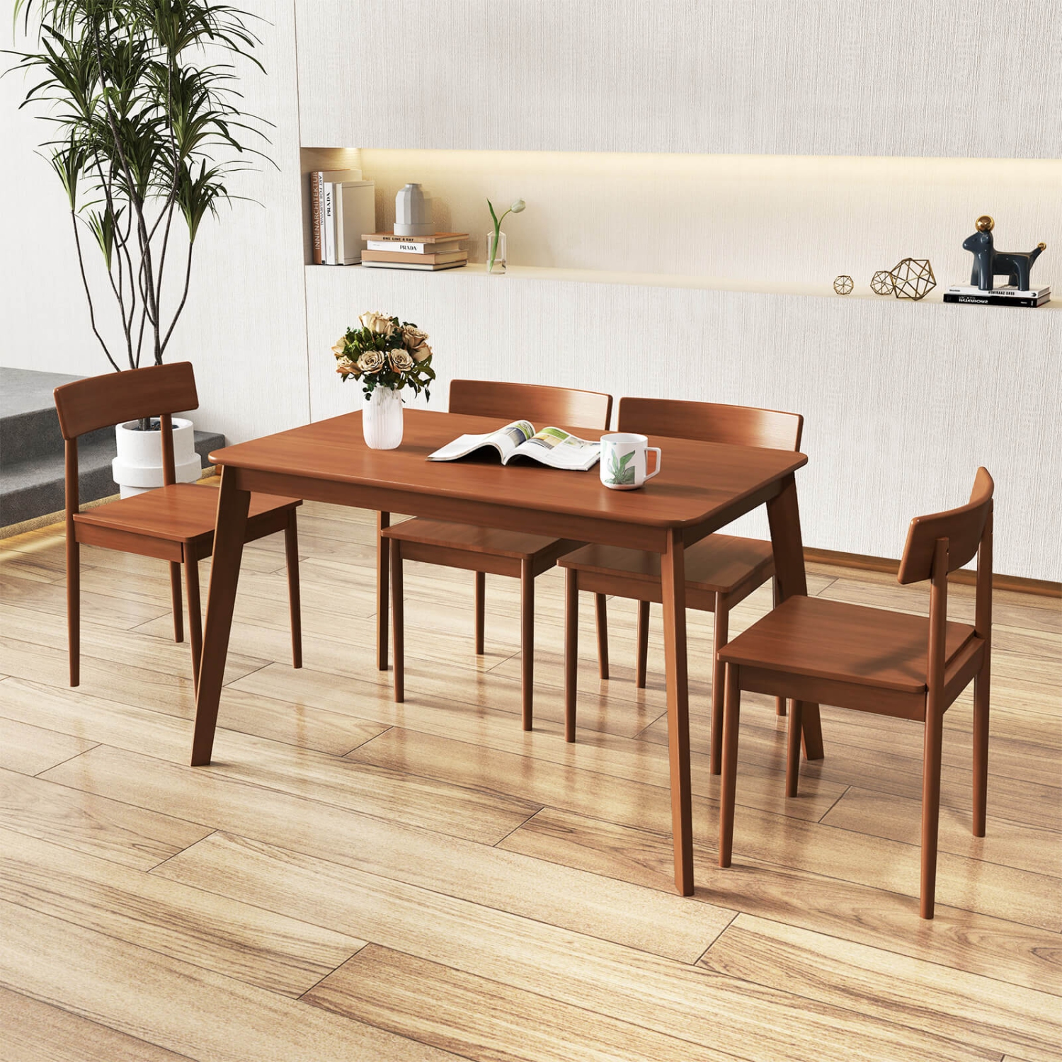 Ensemble table de salle à manger rectangulaire 5 PCS de Costway et 4 chaises avec cadre en bois de caoutchouc