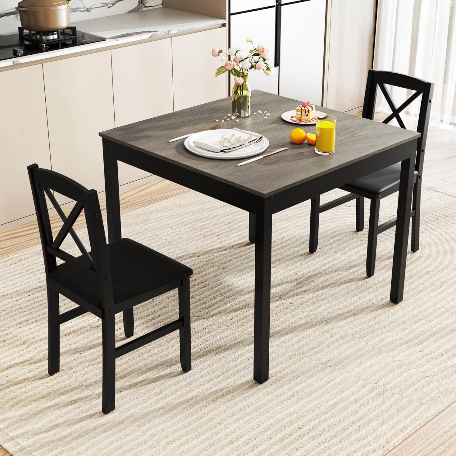 Costway 3 PCS Dining Table Set Wooden Square Kitchen Table with 2 Upholstered Chairs Brown/Gray