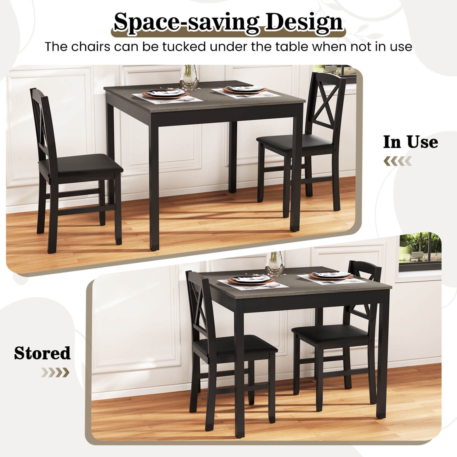 Costway 3 PCS Dining Table Set Wooden Square Kitchen Table with 2 Upholstered Chairs Brown/Gray