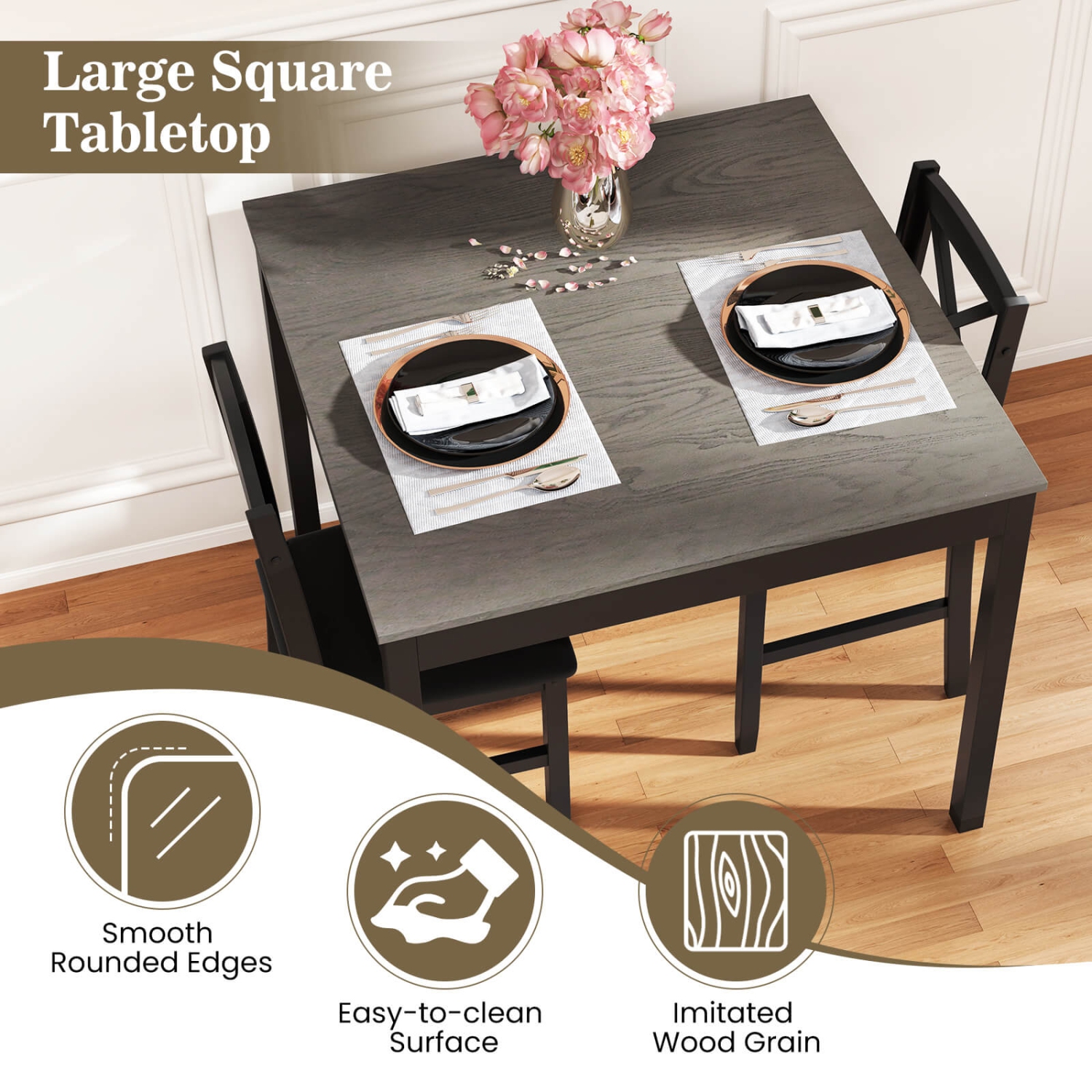 Costway 3 PCS Dining Table Set Wooden Square Kitchen Table with 2 Upholstered Chairs Brown/Gray